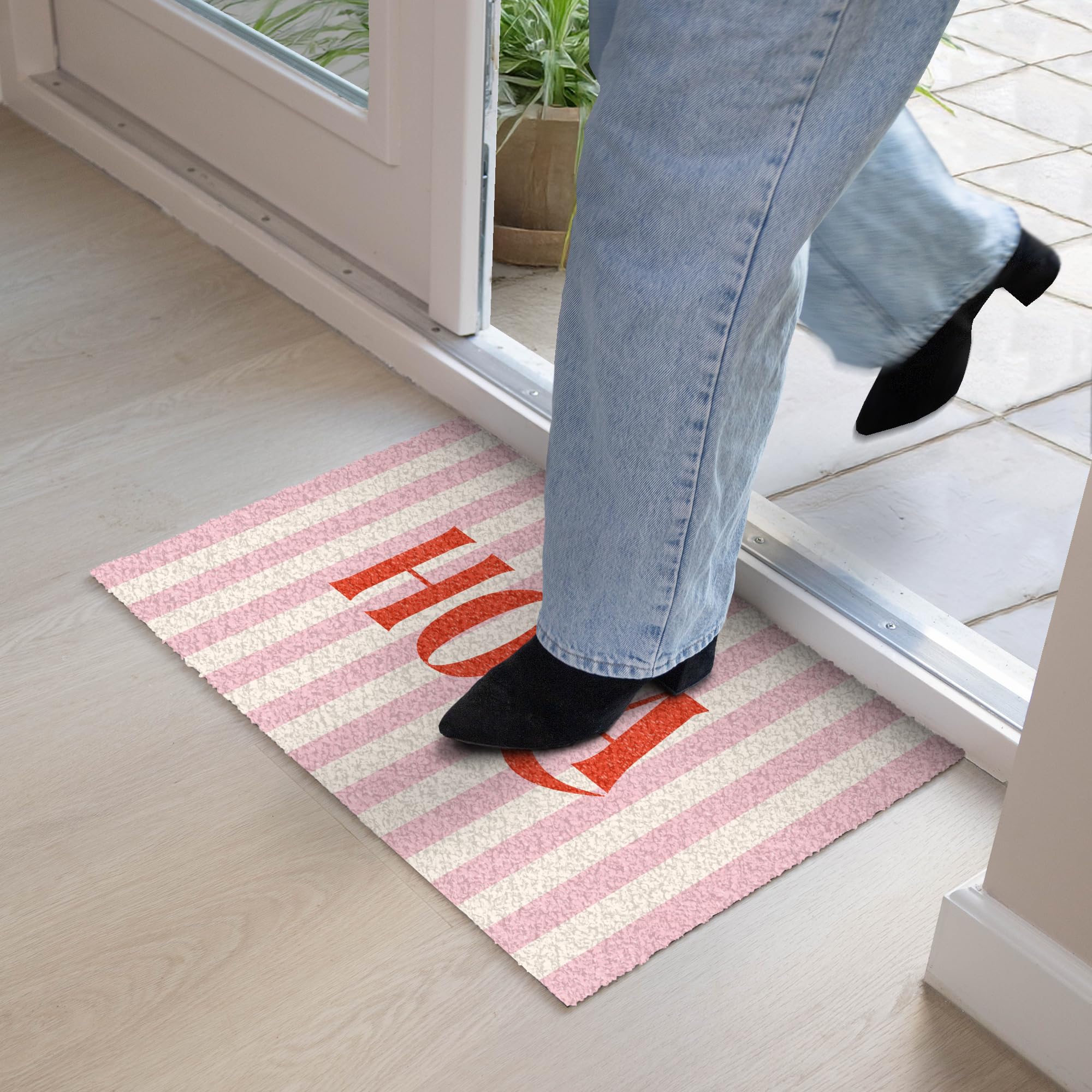 MuchoWow© Fußmatte innen Sauberlaufmatte Fußabstreifer Türvorleger | 40x60 cm - Schmutzfänger Fusmatte Indoor Matten Wohnungstür Schuhabstreifer Hola – Zitat – Streifen – Pastell – Rosa – Rot –