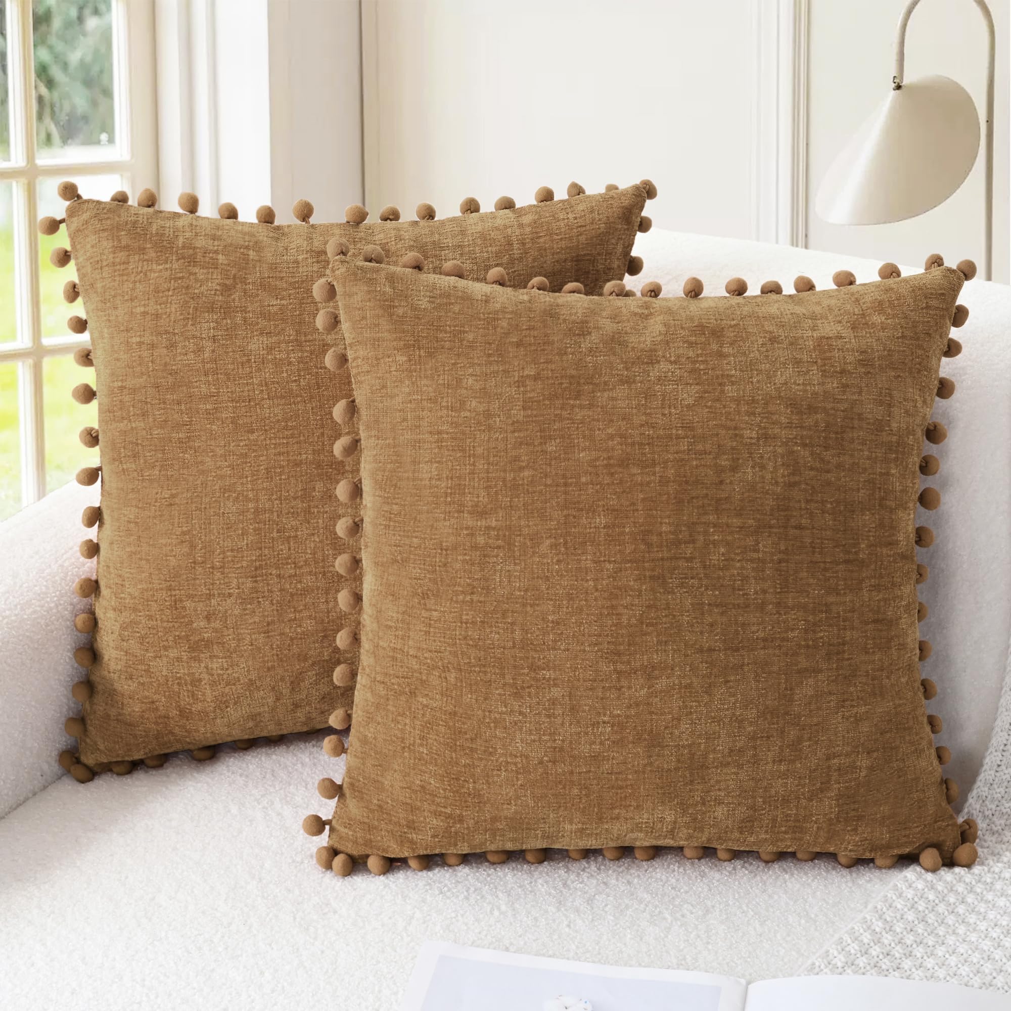 CaliTime Throw Pillow Cases Pack of 2 Cozy Solid Dyed Soft Chenille Cushion Covers with Pom Poms for Couch Sofa Home Decoration 45 x 45cm Apricot Brown