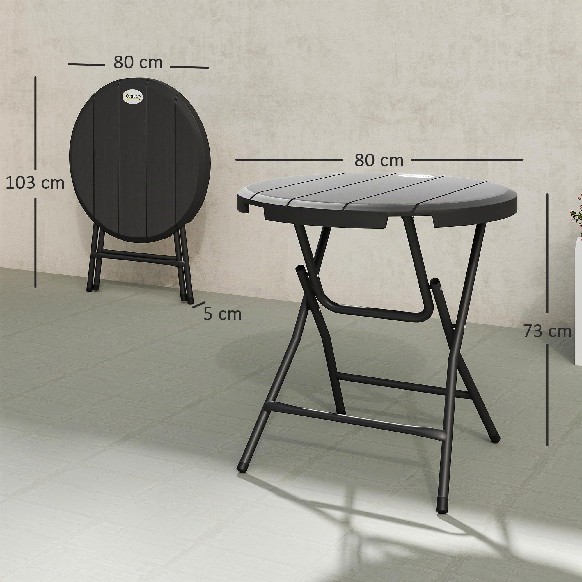 Outsunny Gartentisch Klappbar HDPE Wetterfest für 4 Personen Ø80 cm | Kunststoff, Rutschfest, Klapptisch, Buffettisch, Campingtisch, Balkontisch, Terrassentisch, Outdoor Esstisch