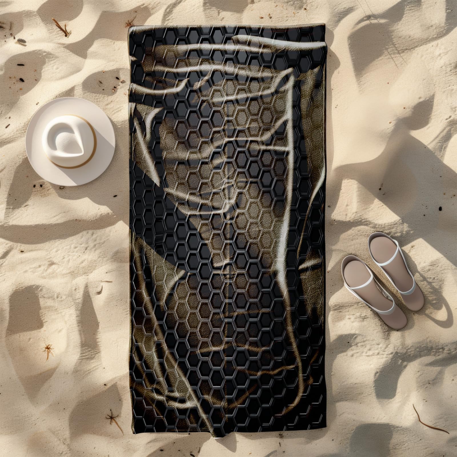 Telo Mare Grande Modello Geometrico Nero | Microfibra Telo Mare Antisabbia Leggero Compatto Asciugatura Rapida Assorbente Per Piscina Bagno Lavabile Fino