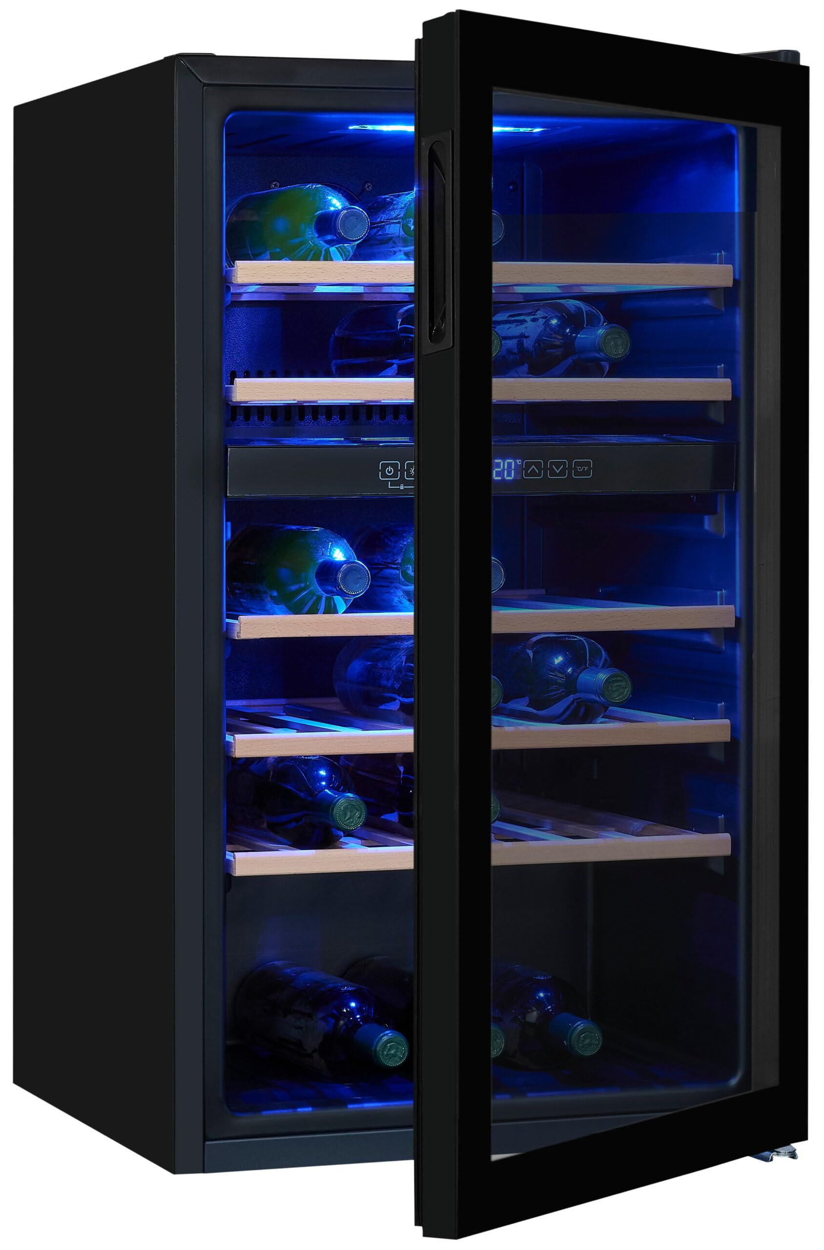 Exquisit® Vinoteca para 45 Botellas, 119L, Negro, Clase G, Dos Zonas de Temperatura 5-20°C, Control Digital LCD, Puerta Reversible de Cristal, Iluminación LED, Medidas (86,5 x 49,0 x 58,0 cm).
