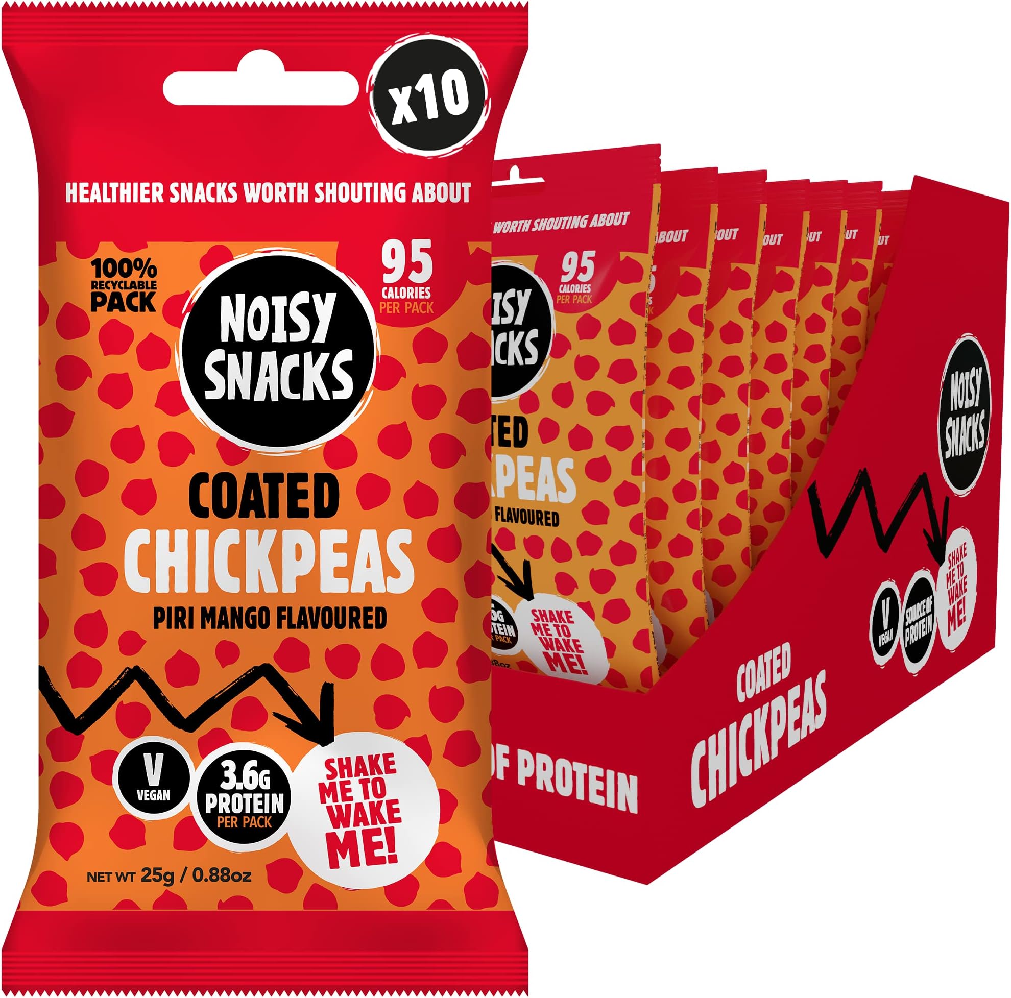 Noisy Snacks - Piri Mango Coated Chickpeas, Full of Flavour, Hints of Paprika Herbs and Lemon, Healthy Low-Calorie Snack, High Portein and Fibre, Vegan Friendly, Palm Oil Free 10 x 25g Recyclable