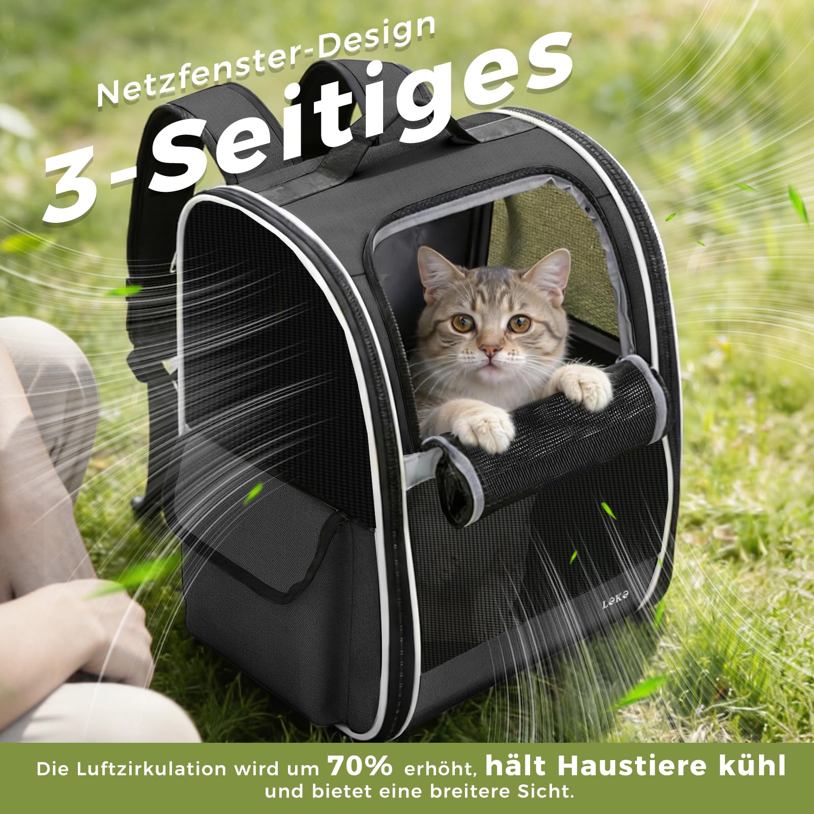 Lekesky Katzen Rucksack Hunderucksack für Mittel/Kleine Haustiere(2-8KG), KatzenRucksack mit Netzfenster für Wandern, Reisen, Outdoor (Schwarz, M)