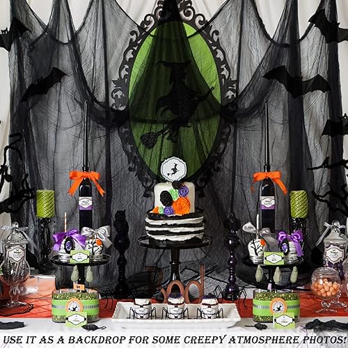 Miniatura 5 de ZeeDix Tela espeluznante negra de Halloween de 85 x 600 pulgadas, tela gigante de Halloween para decoración del hogar, tela de gasa espeluznante