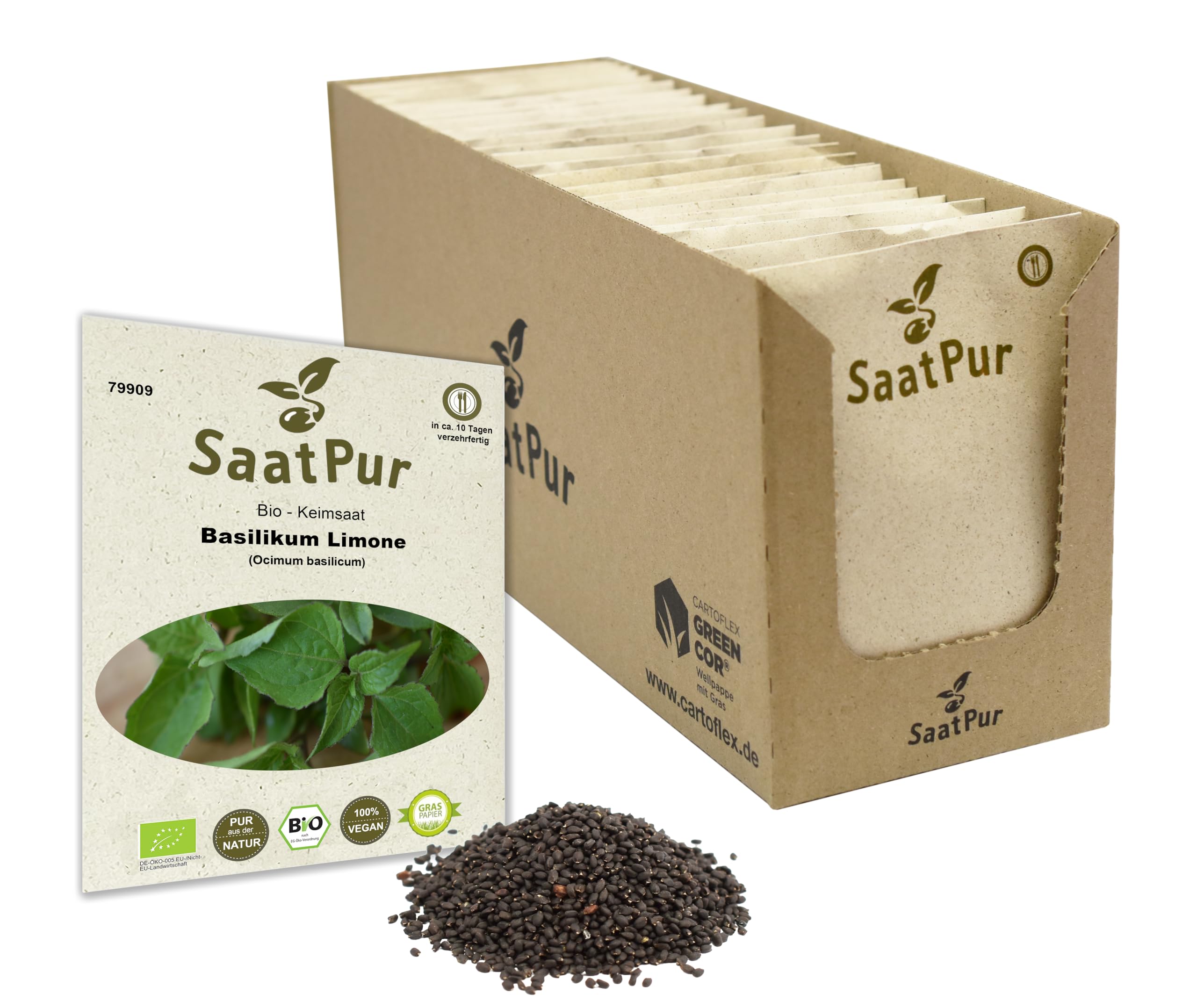 Bio Sprossen Samen Basilikum Limone - 100% Bio Keimsprossen - Microgreens mit hoher Keimkraft - Großes Tray mit 120 Portionstüten je 5g