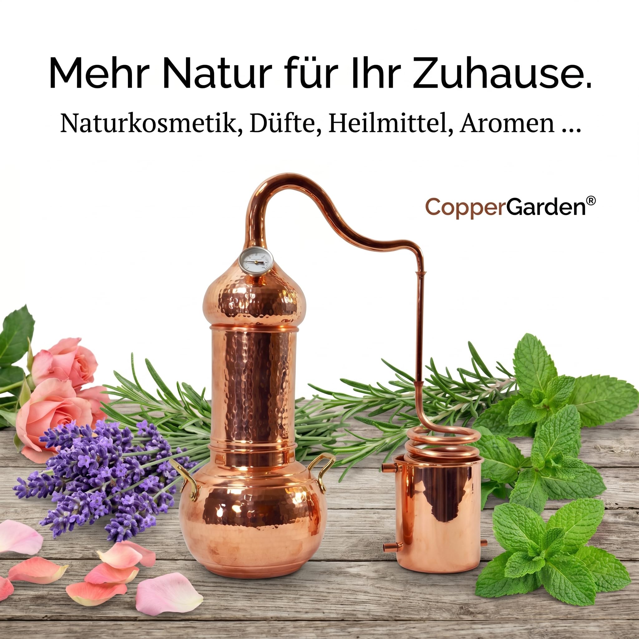 Copper Garden Kupfer Destille Essence Plus 2 Liter I Kleindestille mit Aromakolonne | Kolonnenbrennerei I Meldefreies Destilliergerät für ätherische Öle/Hydrolate/Düfte/destilliertes Wasser etc.