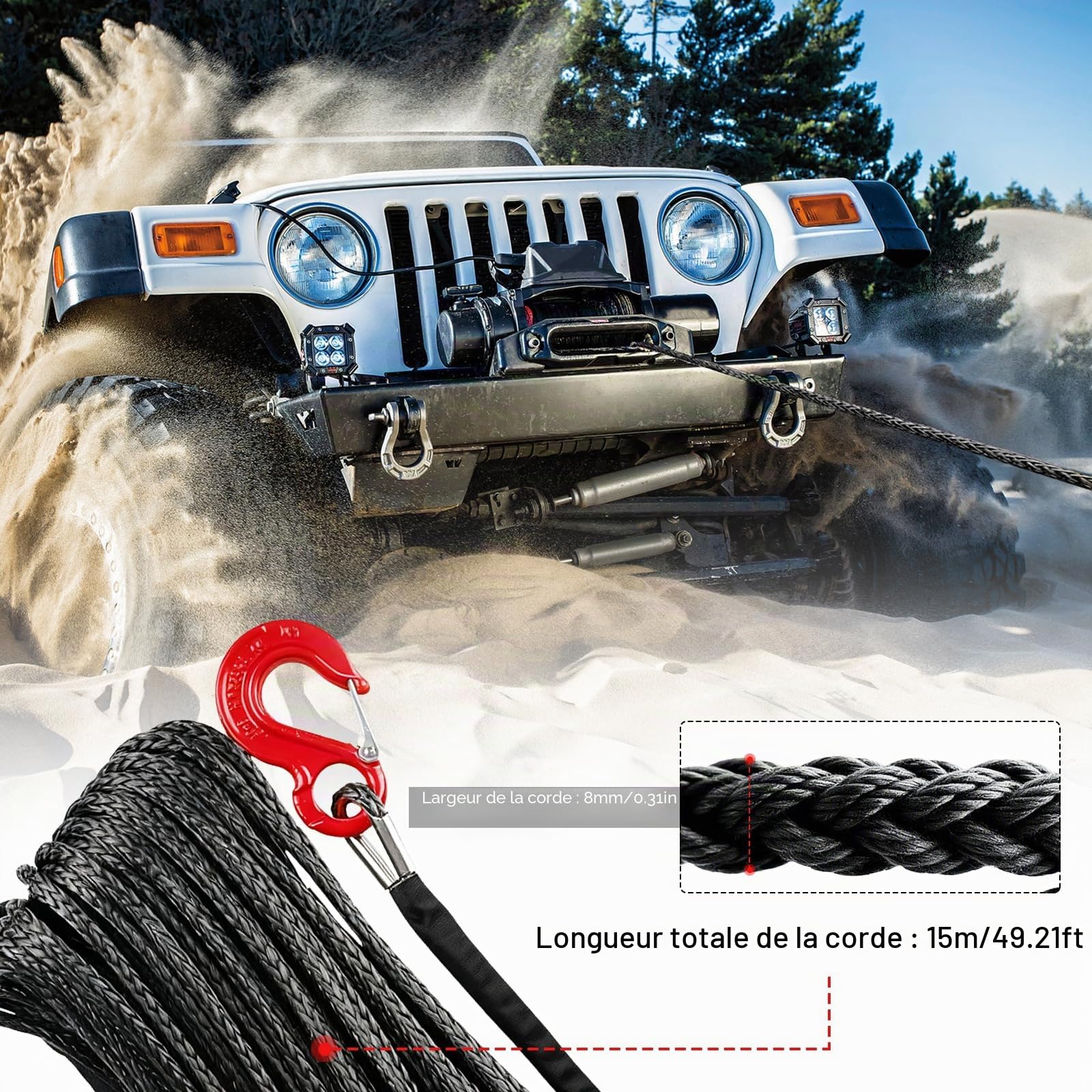 Corde de Remorquage pour Voiture, Corde de Treuil 15M Long 8MM Diamètre Cable Synthétique 12 Torons Câble en Plastique 13228 Livre Câble de Remorque avec Crochet Métallique pour SUV Camion UTV, Noir