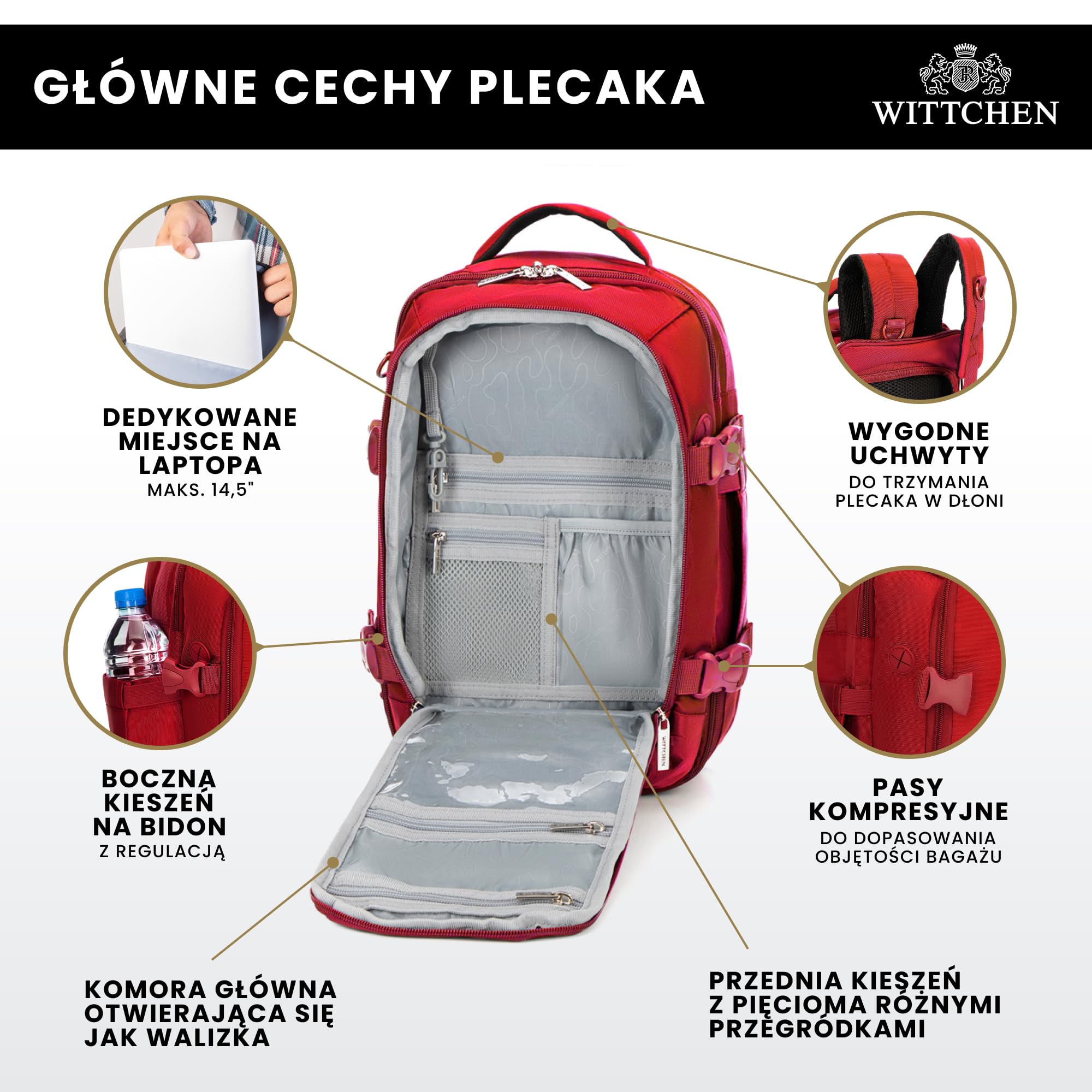 WITTCHEN Poszerzany plecak do samolotu | Plecak podręczny 32 l | Wodoodporny plecak na laptopa 17 cali | Plecak podróżny w rozmiarze kabinowym | 47 × 32 × 14–18 cm