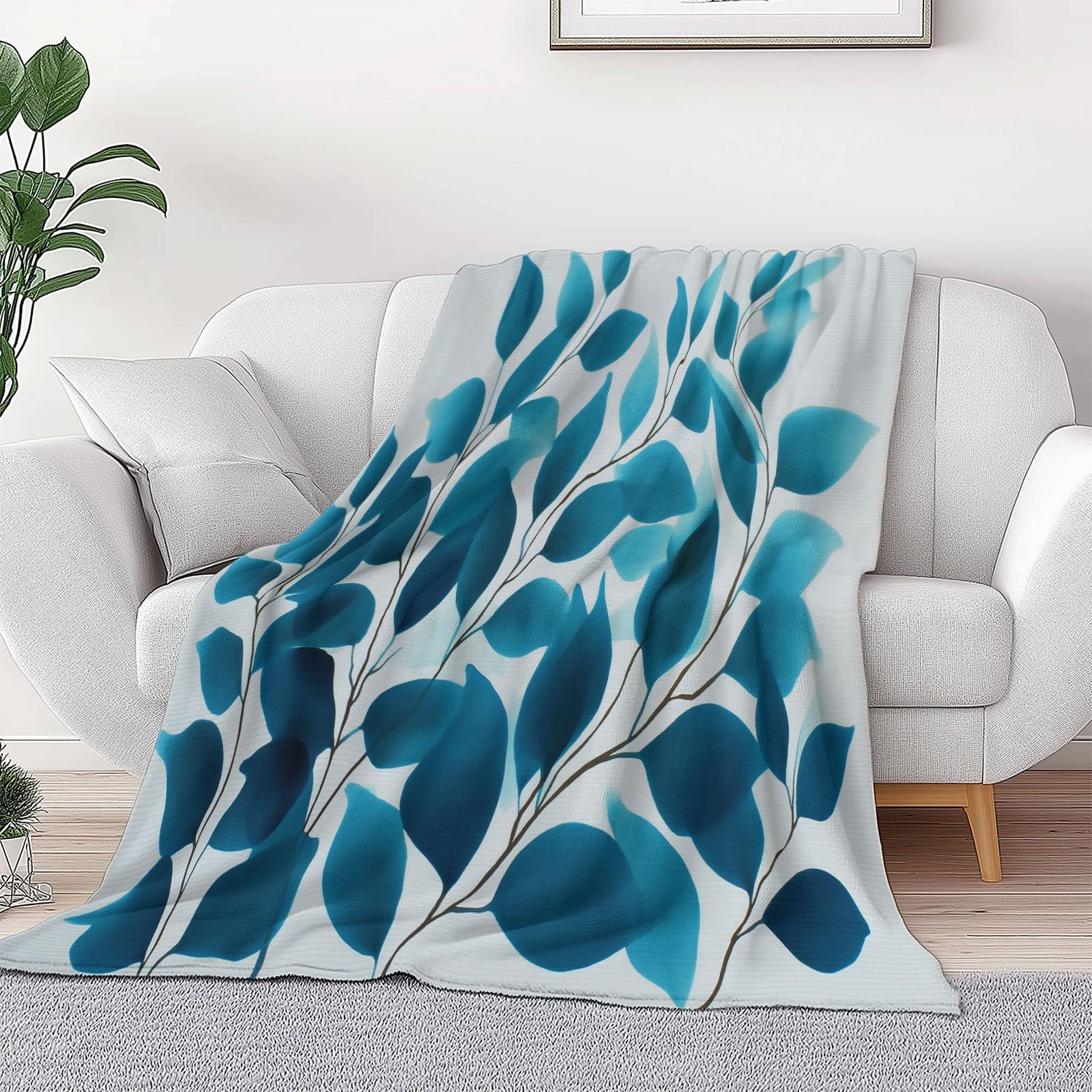 Koc flanelowy na łóżko 220 x 240 cm, miękka ciepła roślina niebiesko-zielone liście i paski koc zimowy ciepły oddychający lekki minimalizm dla dorosłych dzieci kobiety mężczyźni