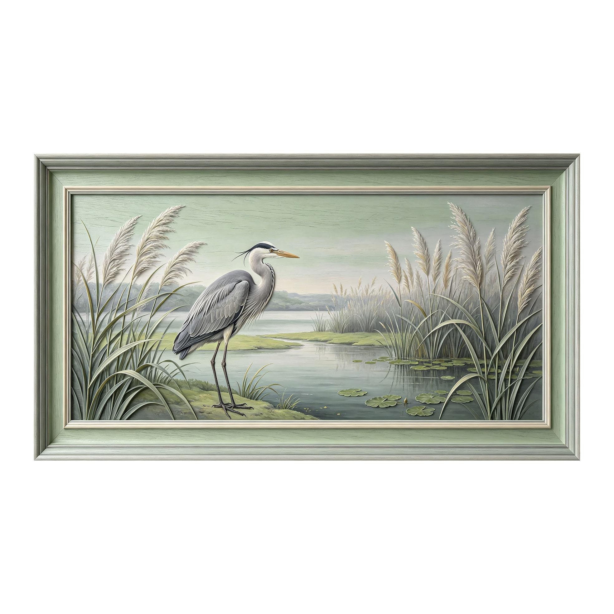 Yzpallescene 3D 3D Framed Wall Art 50cm×90cm Heron Pond Landscape Oil Painting Large Size SelfAdhesive Removable Wall Decor Prints Artwork for Living Room Bedroom Office