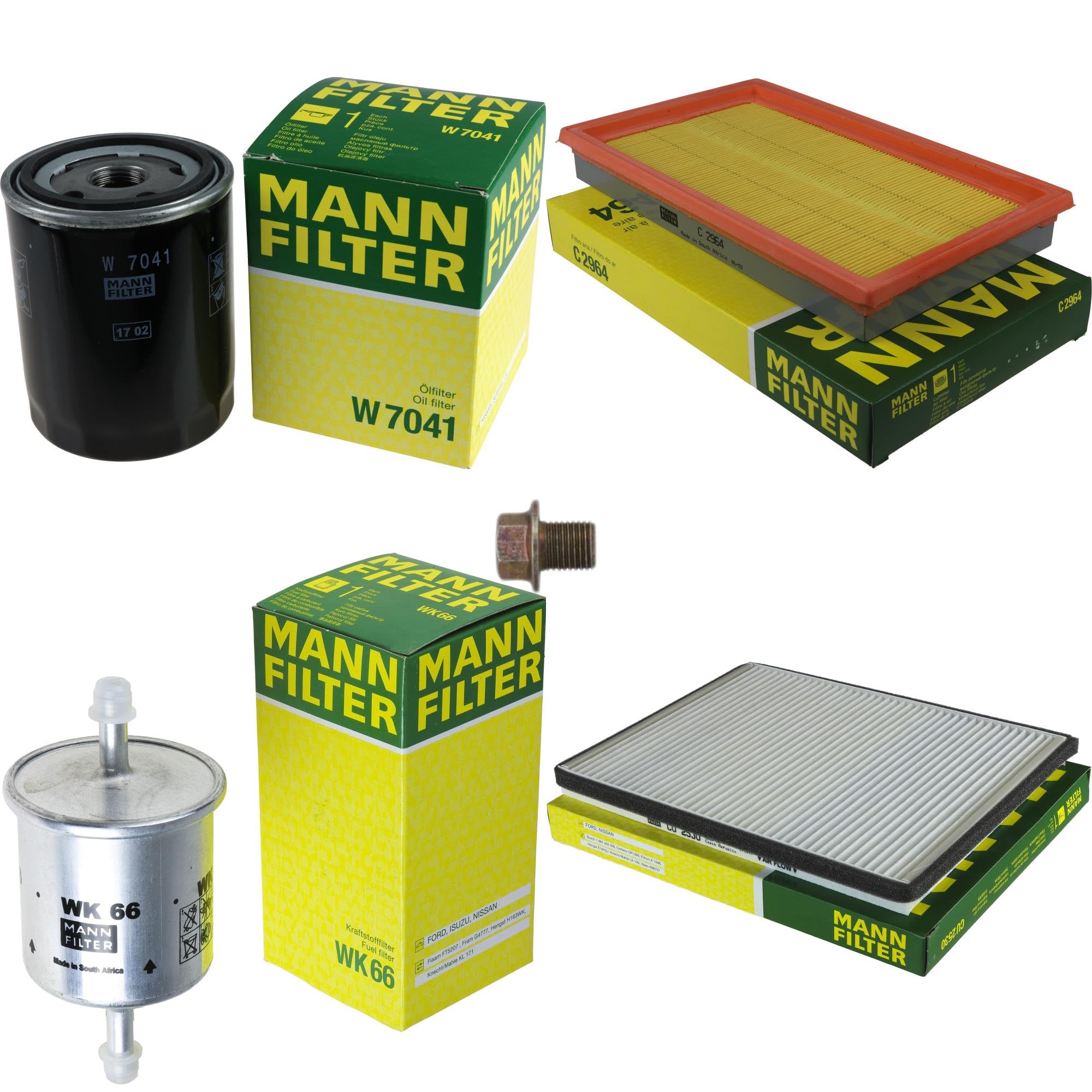 Paquete de inspección Kit de mantenimiento de filtros con filtro de aceite W 7041, filtro de aire C 2964, filtro de combustible WK 66, filtro de habitáculo CU 2530, tornillo de cierre