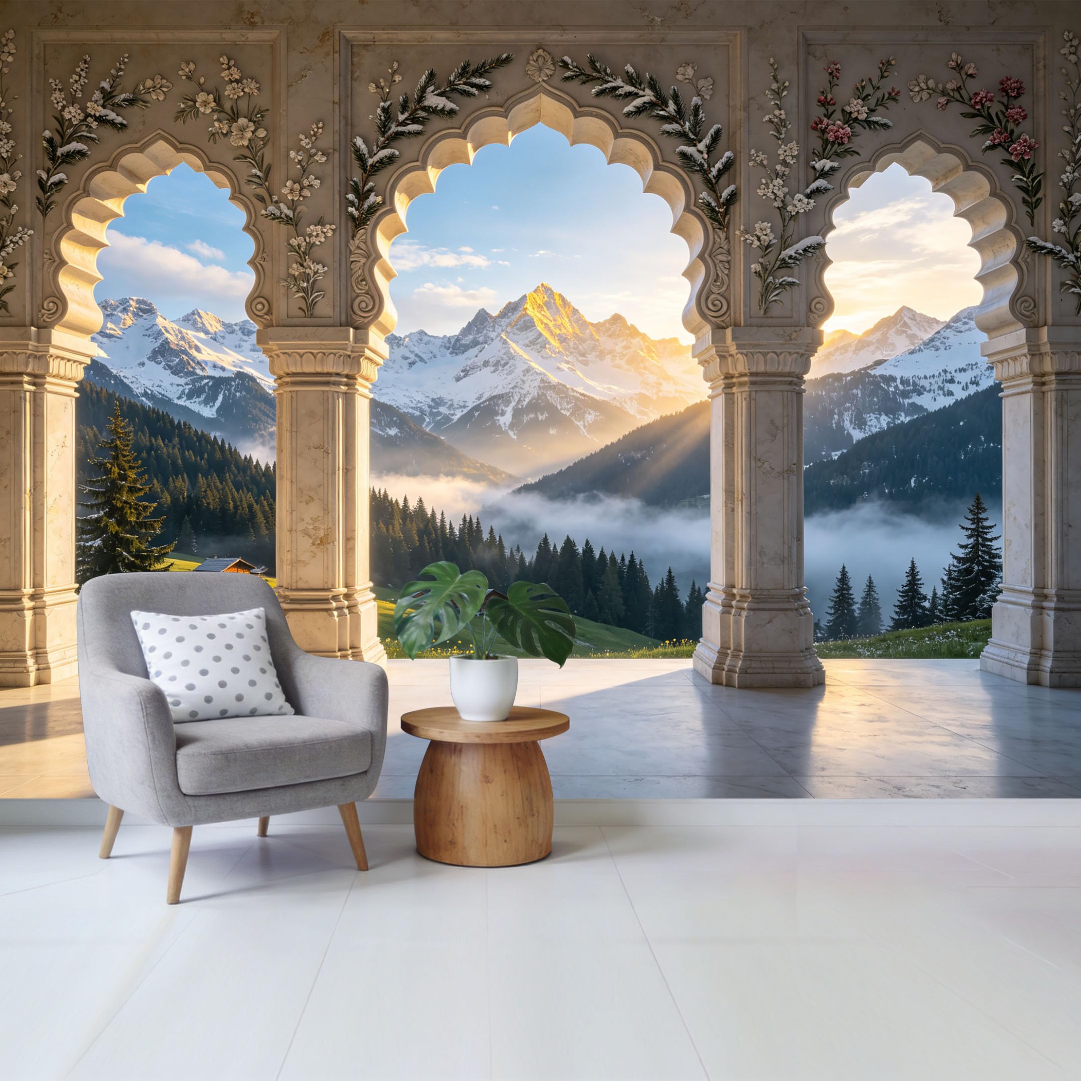 Custom Size Wall Mural Majestic Mountain Landscape Sunrise Through Ornate Archway Removable Self Adhesive Fabric Home Wall Decor for Living Room Bedroom Bathroom
