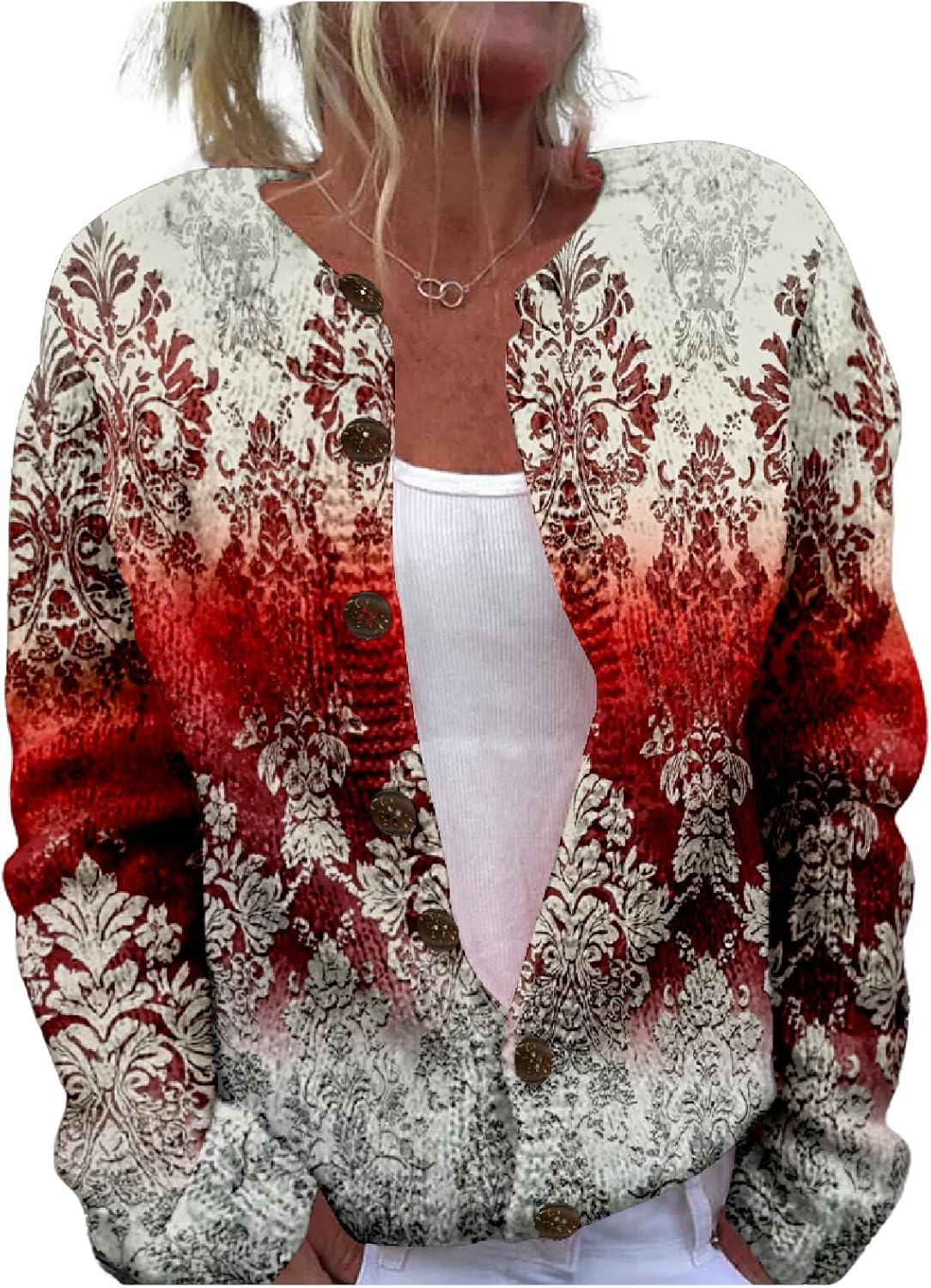 Floral Sweater Cardigan for Women Button Plus Size Cropped Knitted Open Front Chunky Winter Long Sleeve Blouses