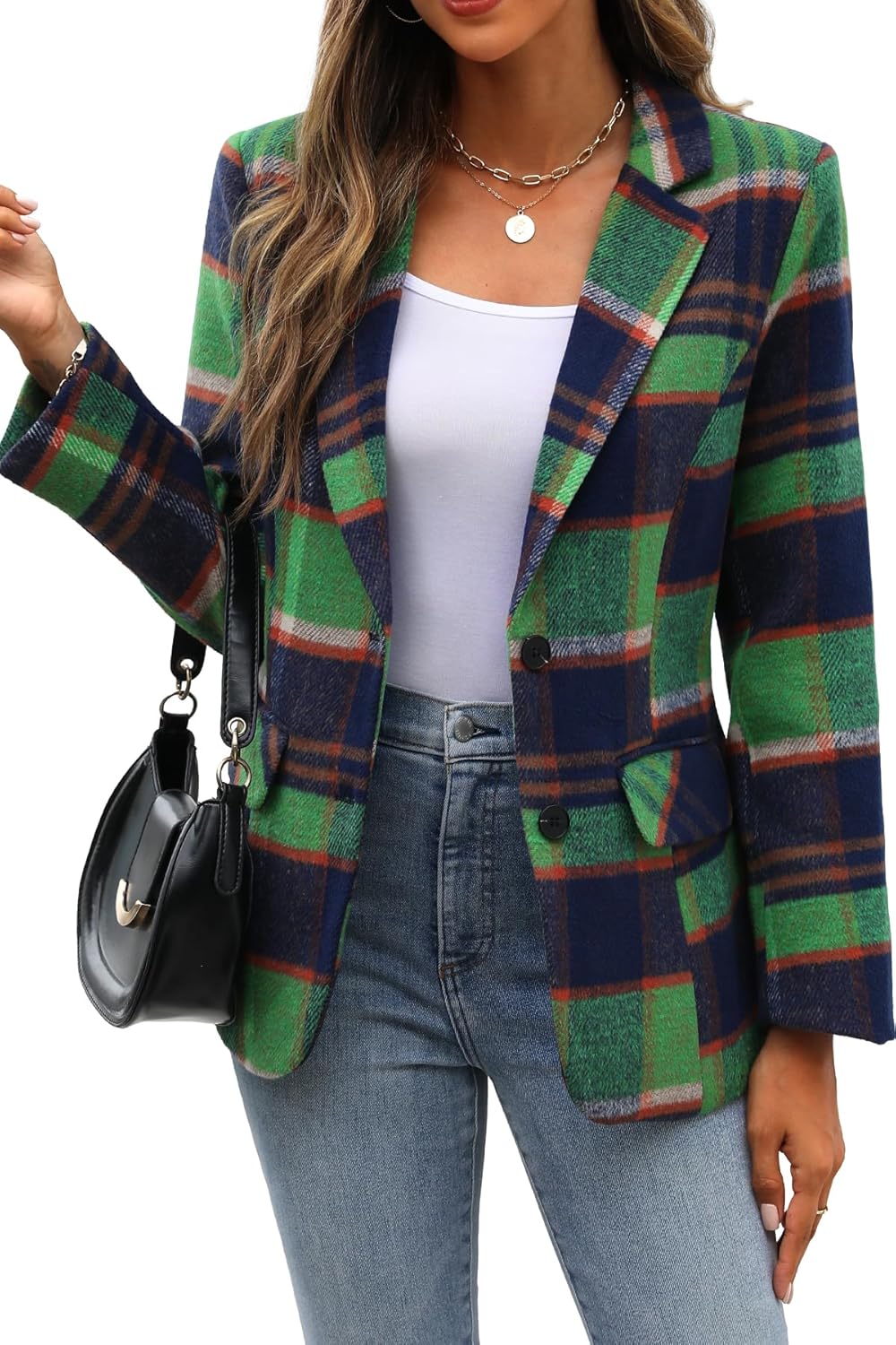 ELLEVEN Women’s Lapel Collar Plaid 2 Button Boyfriend Blazer Suit Houndstooth Work Office Blazer Jacket