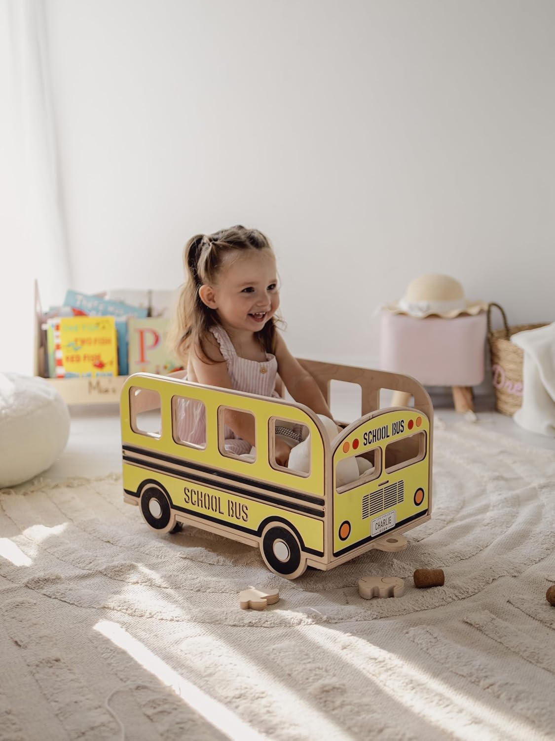 Personalized Kids Toy Storage Organizer - School Bus Wooden Toy Box for Boys with Wheels Baby Furniture - Playroom Decor Nursery Storage for Kids Room - Birthday Christmas Gifts for Kids Girls Boys