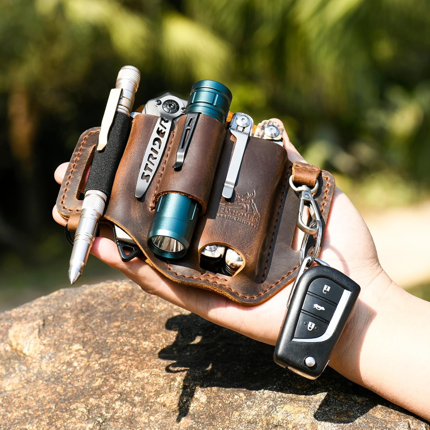 FLYHOMES Premium Full-Grain Genuine Cowhide Leather Multitool Sheath | Handmade Stitched Belt Organizer for Leatherman, Flashlight, Pen & EDC Tools | Multi-Tool Holster Pouch with Keychain Clip - Image 6