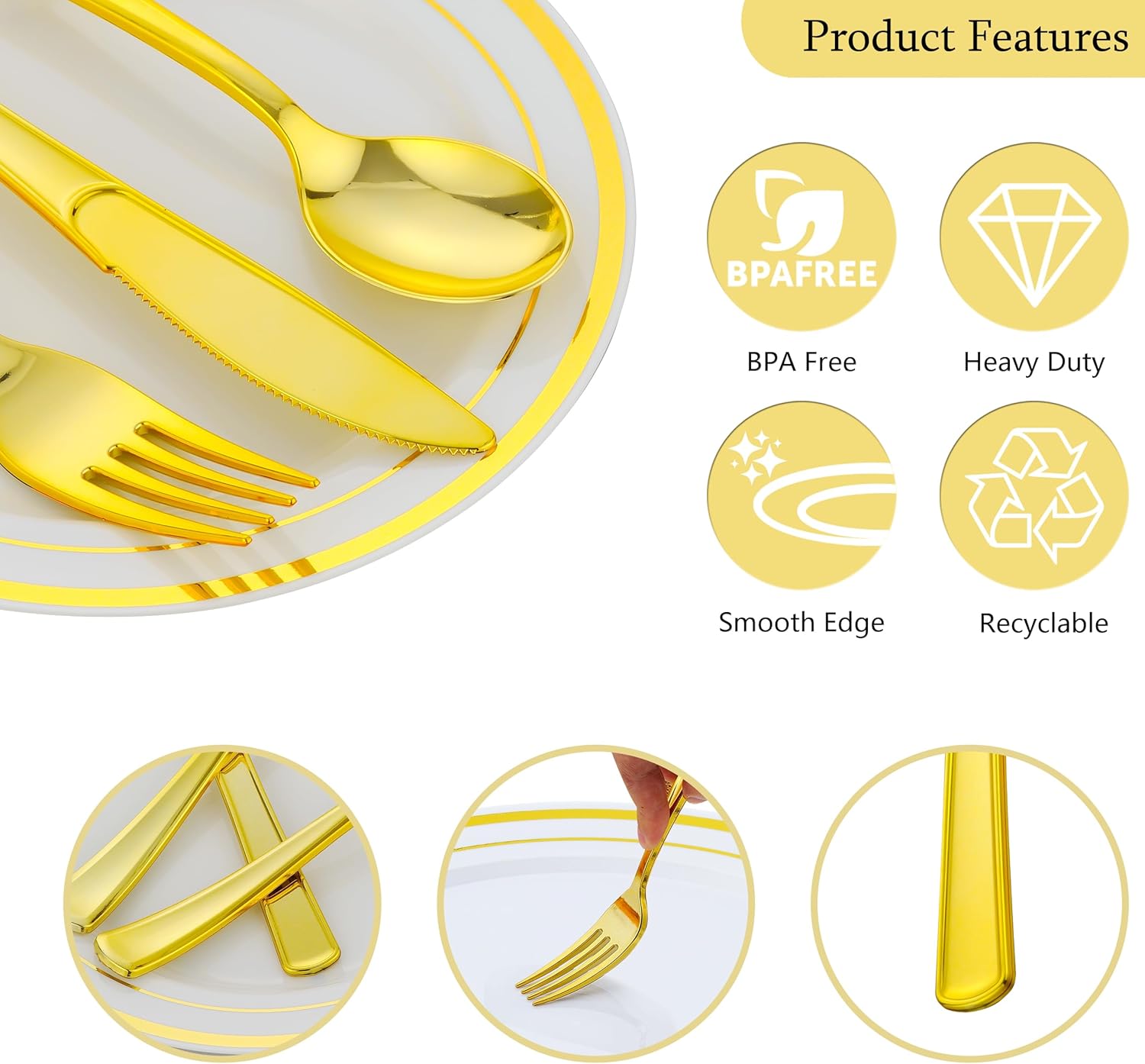 700 PCS Gold Plastic Dinnerware for 100 Guests, Gold and White Disposable Plates include 100 Dinner Plates,100 Dessert Plates,100 Silverware Set,100 Cups,100 Napkins - Image 4