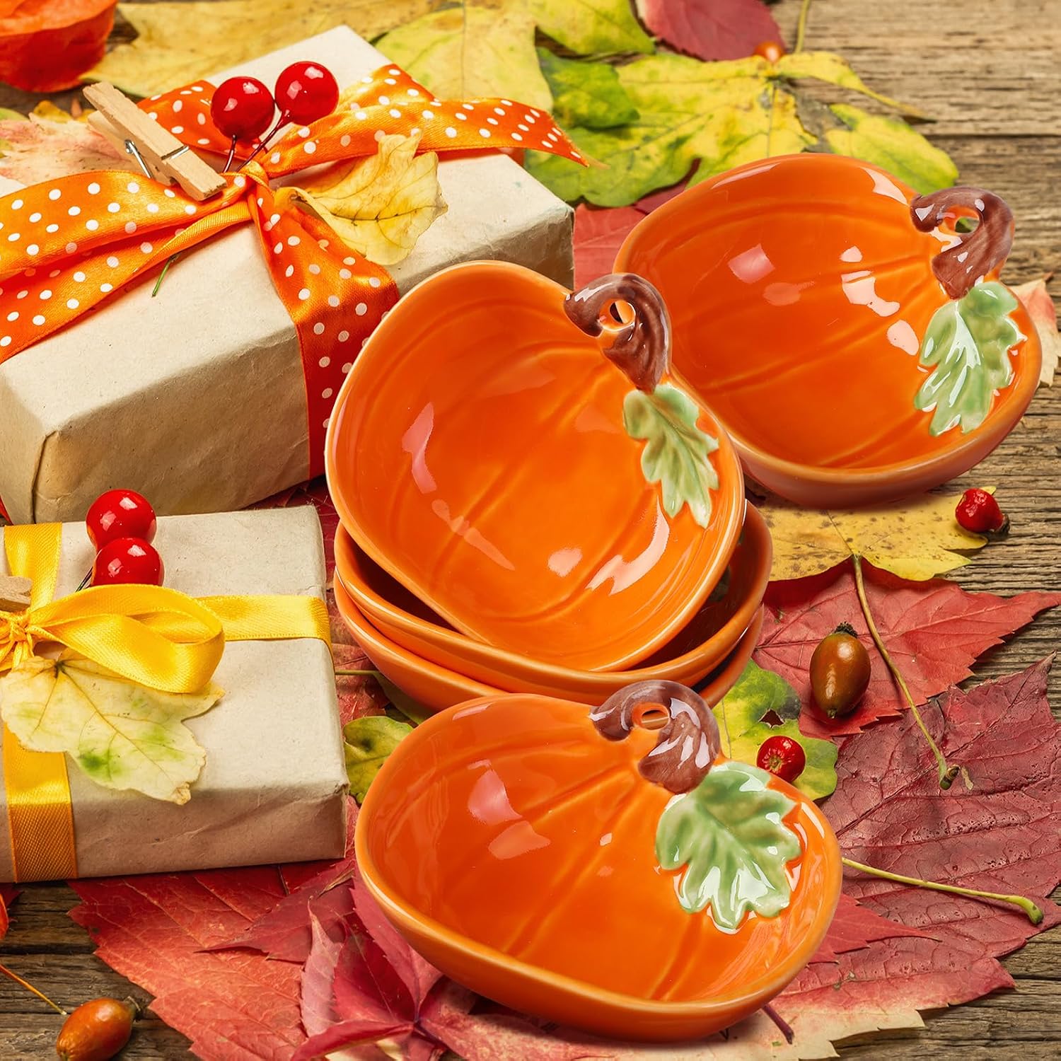 6 Pieces Pumpkin Ceramic Ramekins Small Pumpkin Dishes 6 oz Cushaw Creme Brulee Dishes Fall Ramekins Thanksgiving Cushaw Shaped Bowl Plates for Kitchen Serving Dip Sauce and Snack(Orange)