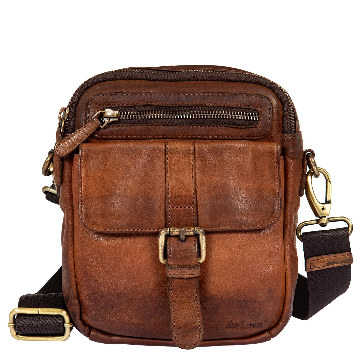 Avirex, Collezione Bell, Borsello a Tracolla in Pelle da Uomo – Stile Vintage, Doppio Scomparto con Zip, Vera Pelle Tamponata a Mano – Tracolla Regolabile e Removibile