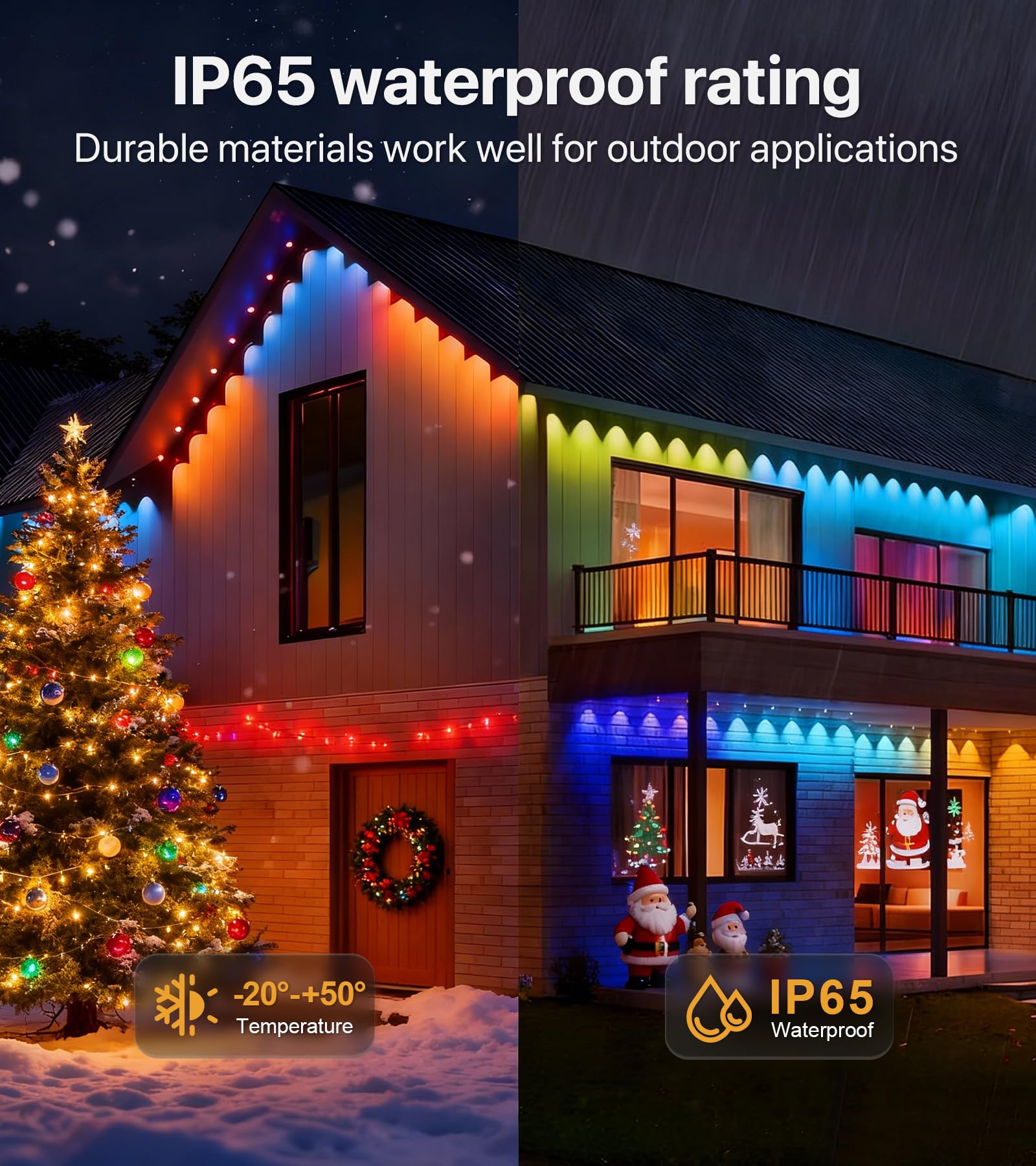 60 m lange RGB+IC-LED-Dauerleuchten für den Außenbereich, Trauflichter mit Smart-App und Fernbedienung, 72 Szenenmodi, wasserdicht IP65 für Weihnachtsdekorationen