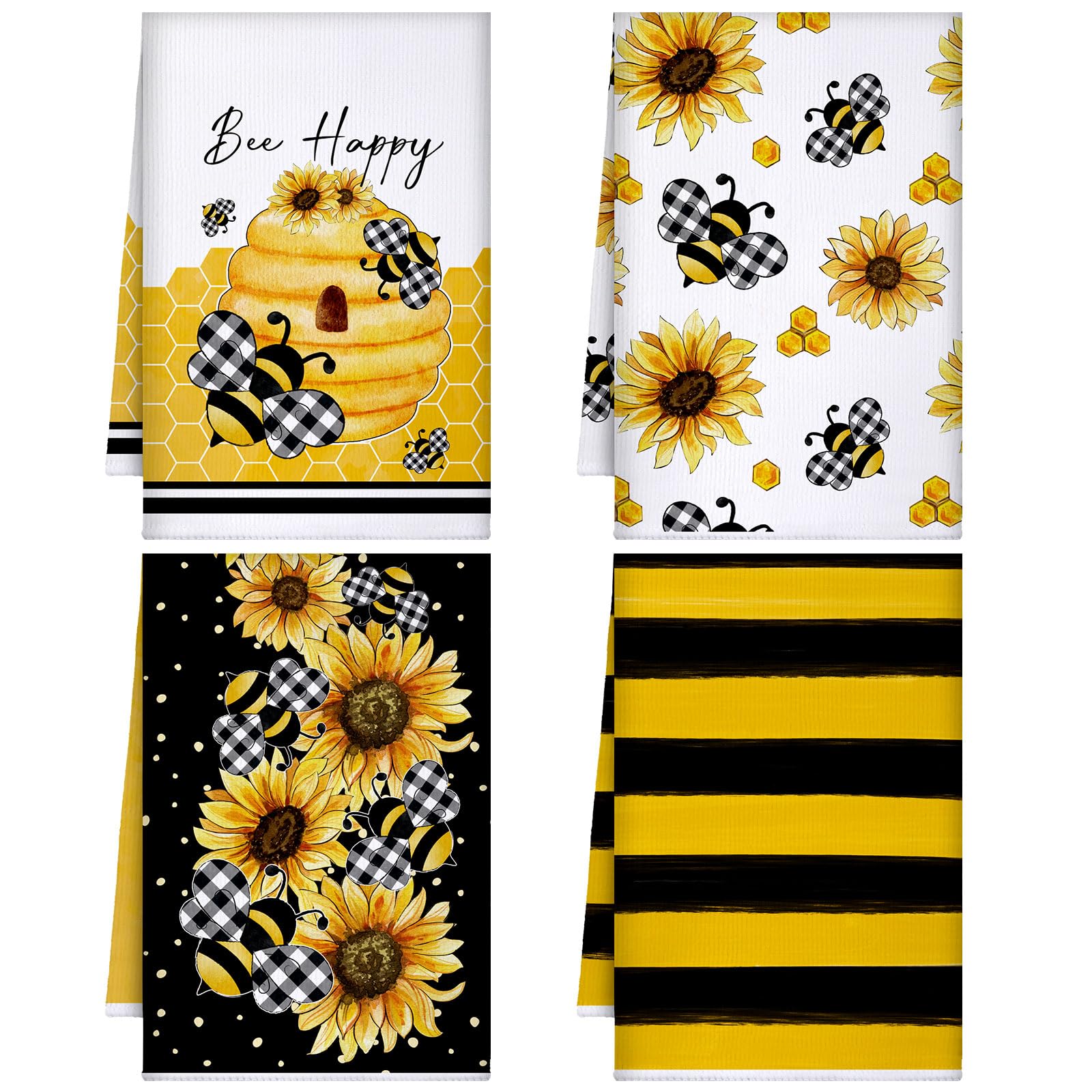 Tegeme 4 Pcs Bee Kitchen Towel Honey Bee Dish Towels Honeycomb Bath Tea Towels Bee Hand Polyester Towel Bee Cloths Absorbent for Kitchen Decor and Accessories 16 x 24 Inch (Yellow,Bee and Sunflower)