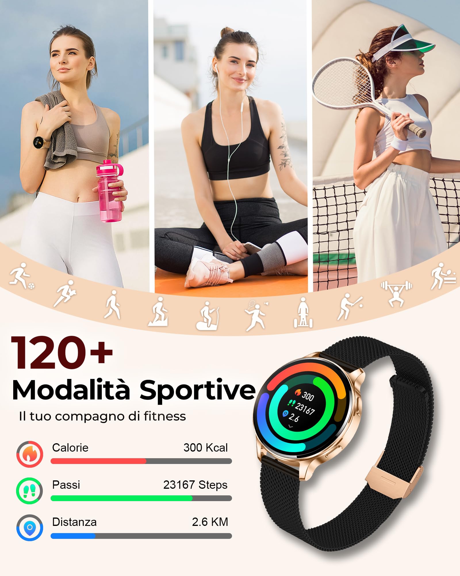 Iaret Smartwatch Donna con 3 Cinturini, Orologio 1,27" AMOLED Always-On con Chiamate Bluetooth, 120+ Modalità Sportive, SpO2/Cardio/Sonno, Fitness Tracker per Android iOS, Oro Nero - Idea Regalo