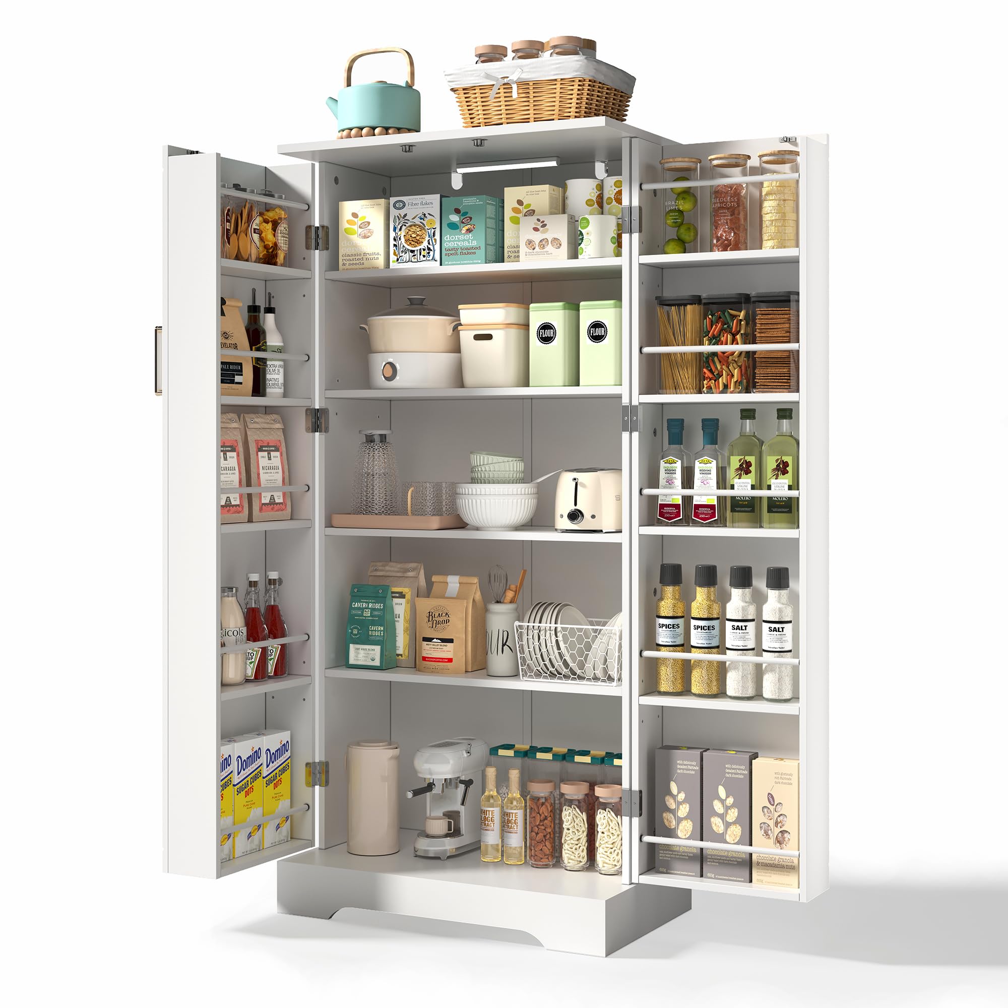Merax Küchenschrank mit LED, Vorratsschrank mit 2-Türiger, Buffetschrank Hoch mit Höhenverstellbaren Einlegeböden, Küchenbuffet für Wohnzimmer, Küche, Esszimmer, 60×35×128cm (Weiß)