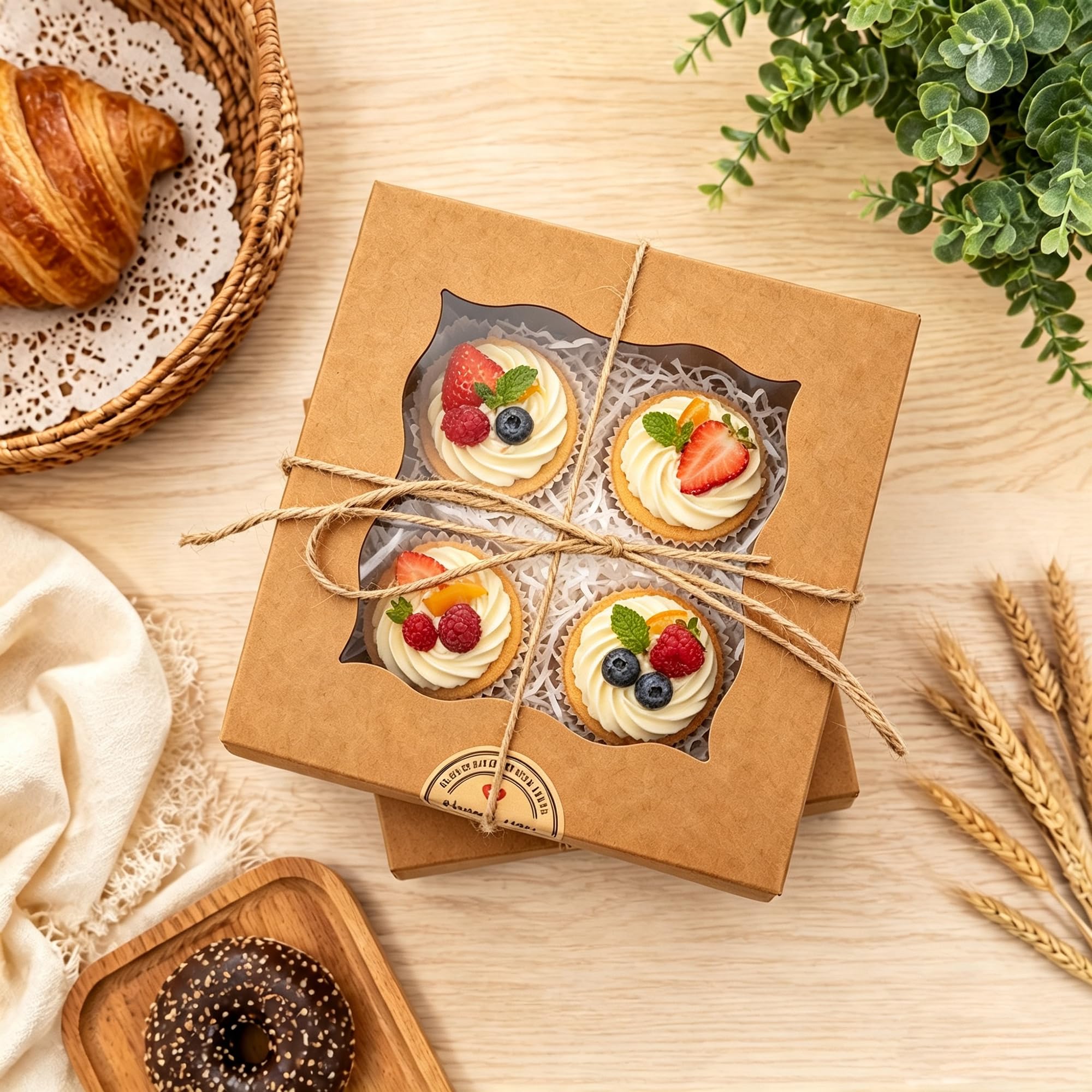 50 Scatole Piccole per Torte con Finestra Trasparente 15x15x7,6 cm, Scatola Kraft per Cupcake con Adesivi e Spago di Iuta, Scatola di Cartone per Biscotti, Ciambelle Conservazione