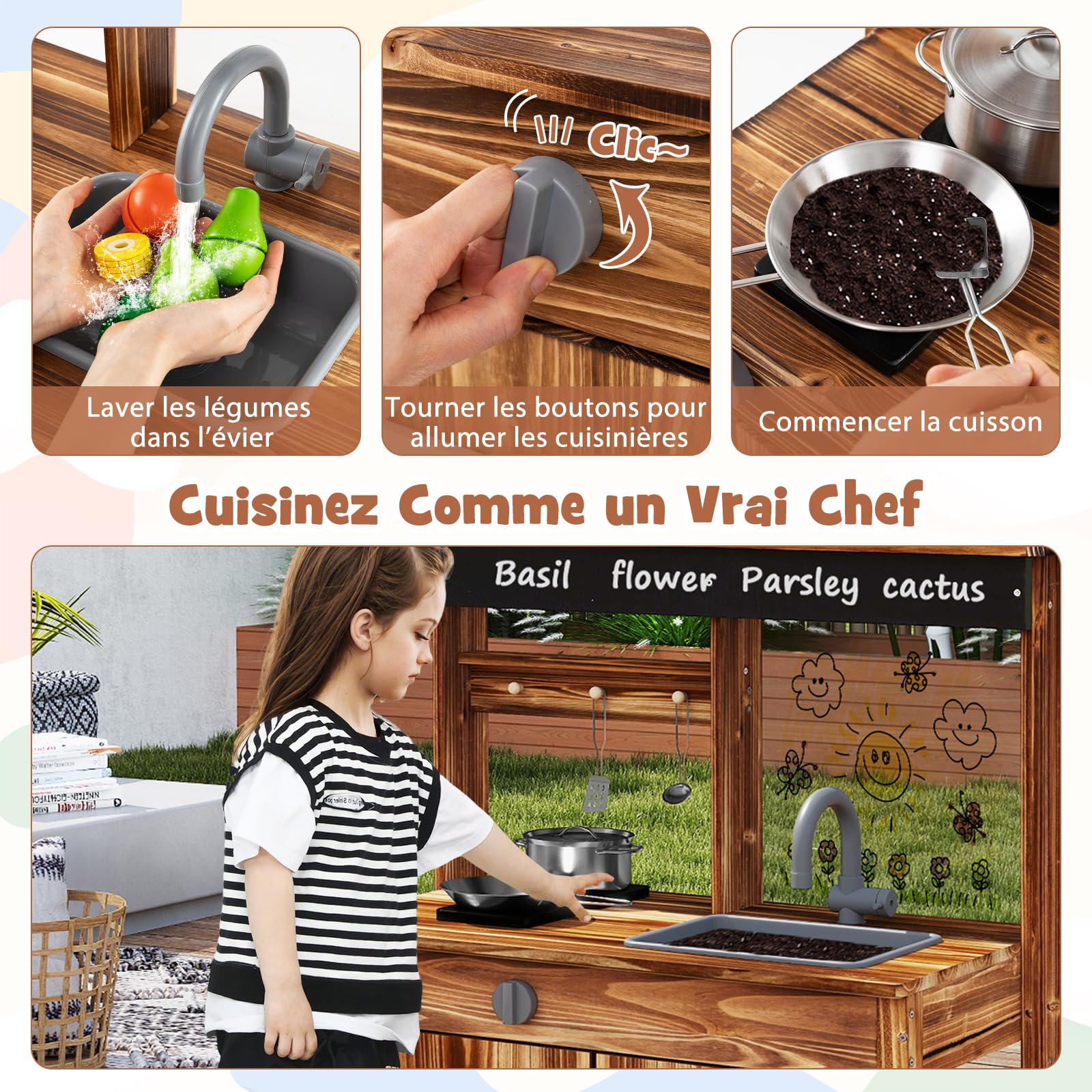 DREAMADE Cuisine de Boue, Jouet de Cuisine pour Enfants avec Évier Amovible, Robinet, Double Réchaud, 4 Pots de Plantation et Tableau Acrylique, Cuisine d’Extérieur en Bois pour Enfants de 3+ Ans