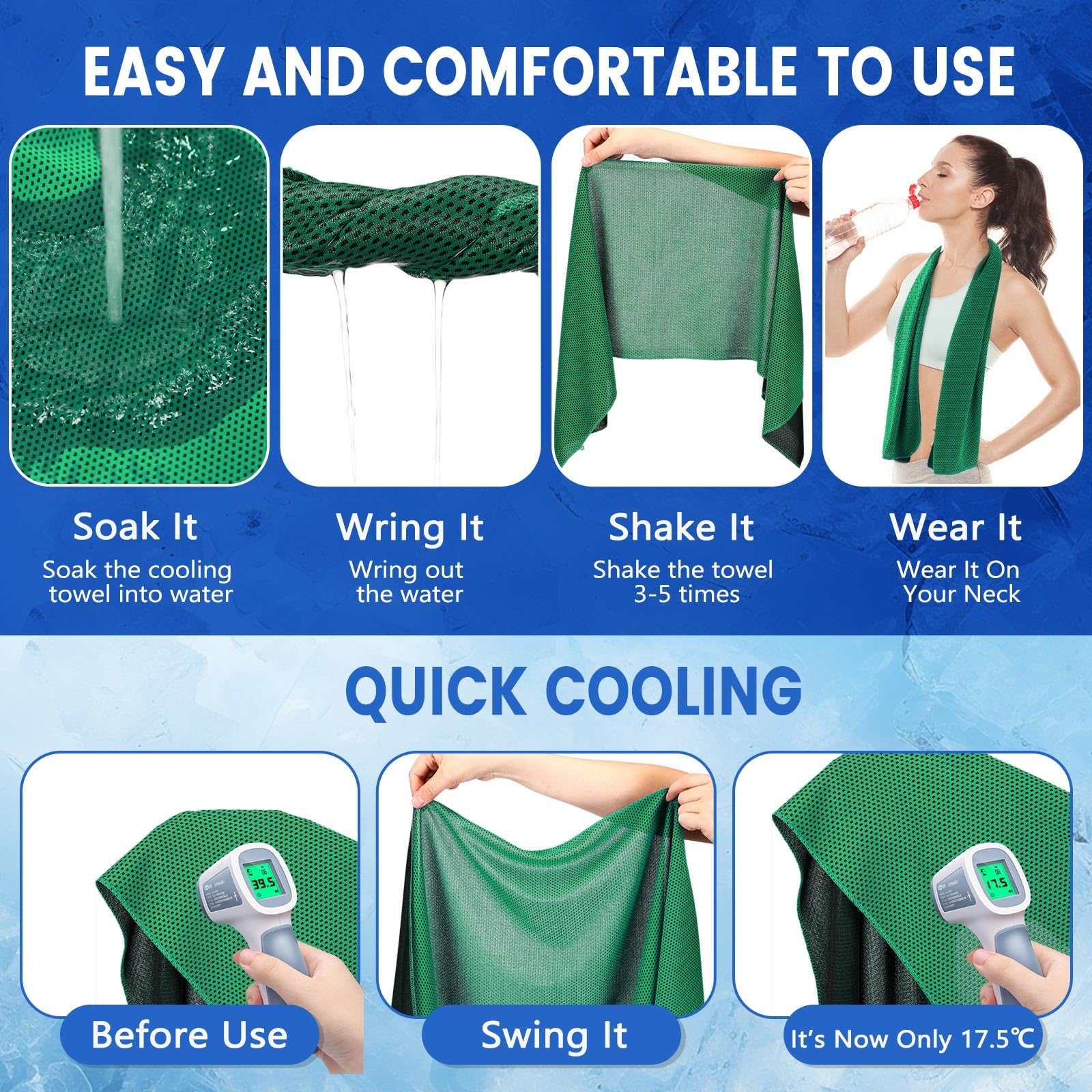 Paquete de 24 Toallas refrescantes de 40"x12" de Microfibra Transpirables y Suaves para el Sudor,Ideales para el Gimnasio,el Cuello y la Cara,para Yoga,Golf y Correr (Verde).