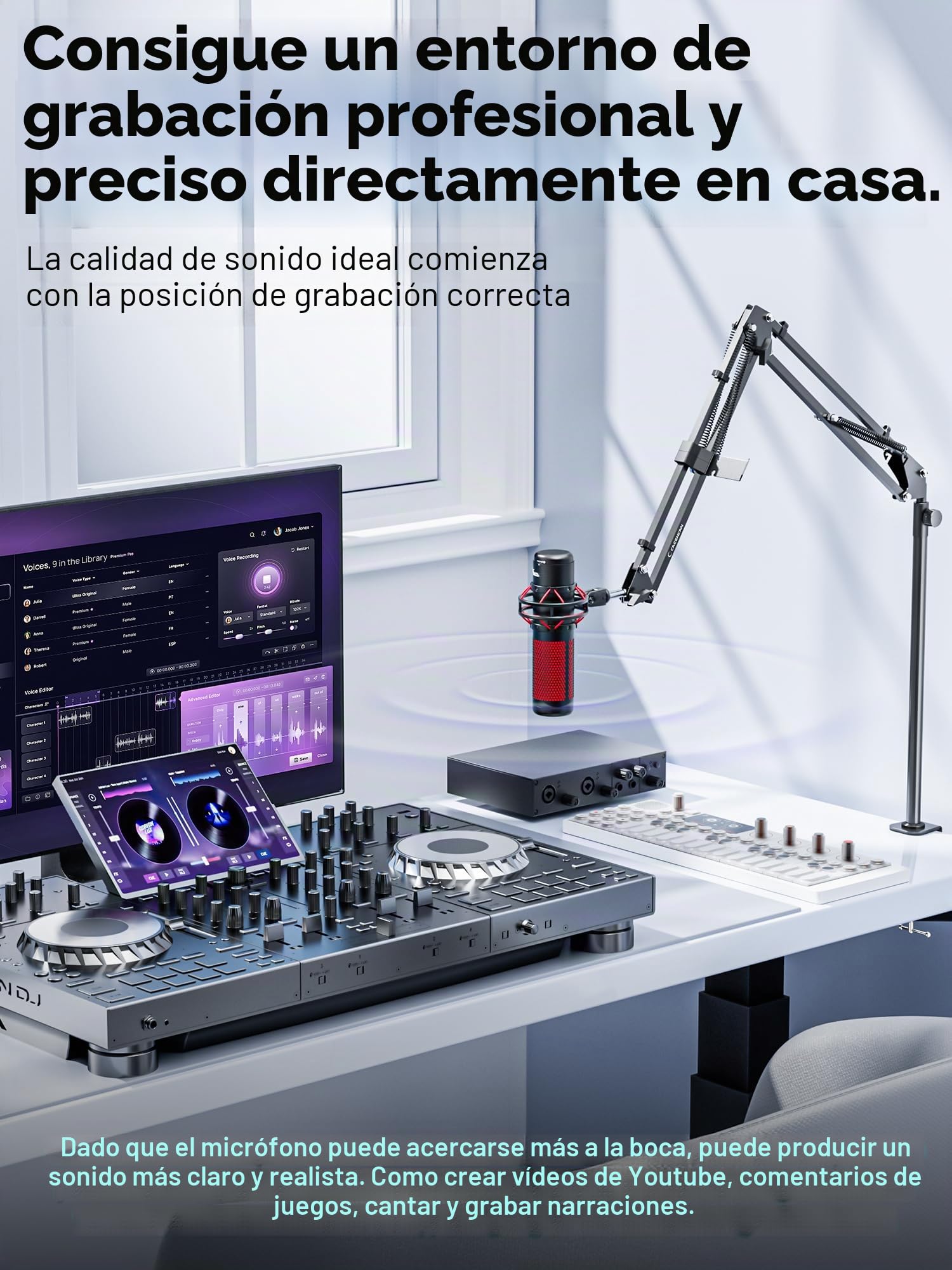 Brazo Boom, soporte de micrófono giratorio de 360 ° con soporte de mesa, brazo plegable para micrófono de mesa con adaptador de rosca de 3/8 pulgadas a 5/8 pulgadas, brazo de micrófono para streaming