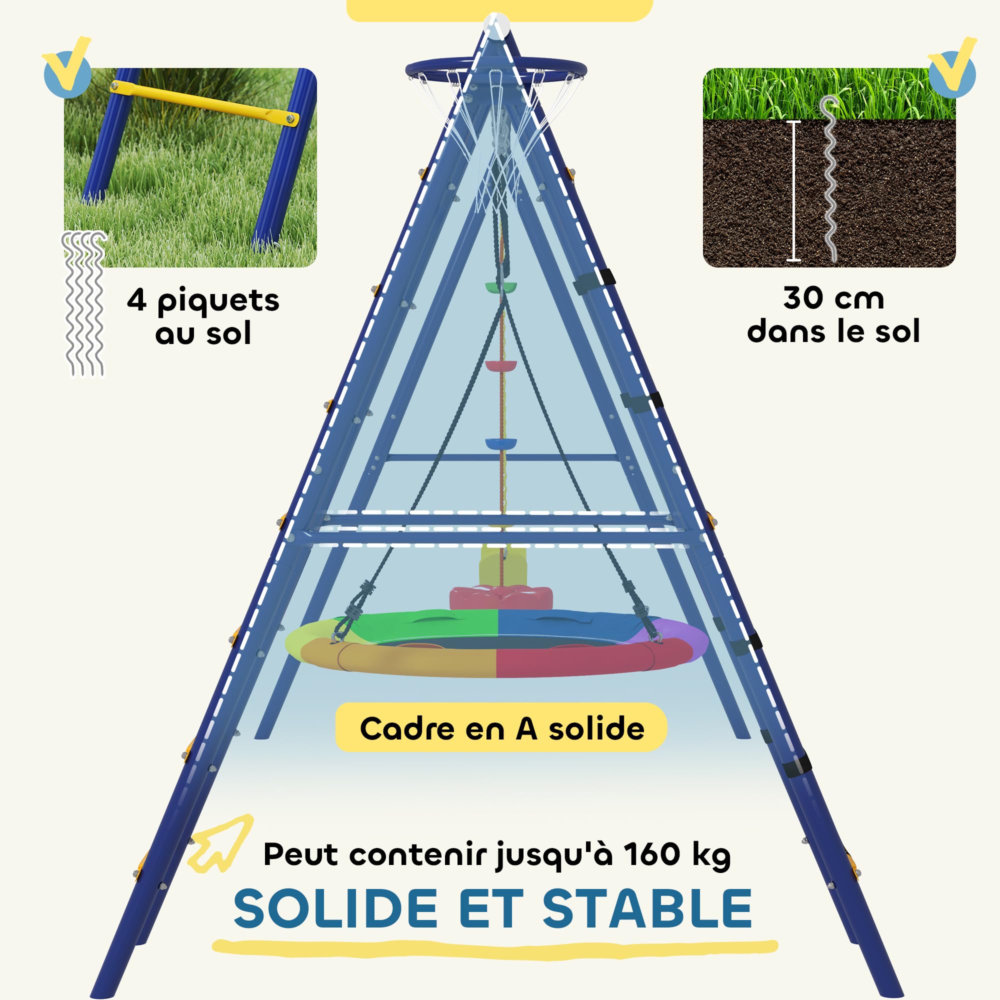 AIYAPLAY Portique Balancoire Exterieur 6 en 1 3 Balançoires Métal 160 kg | Balançoire Enfant Extérieur, Panier de Basket, Échelle d'Escalade et Filet, pour Enfants 3-8 Ans, Multicolore