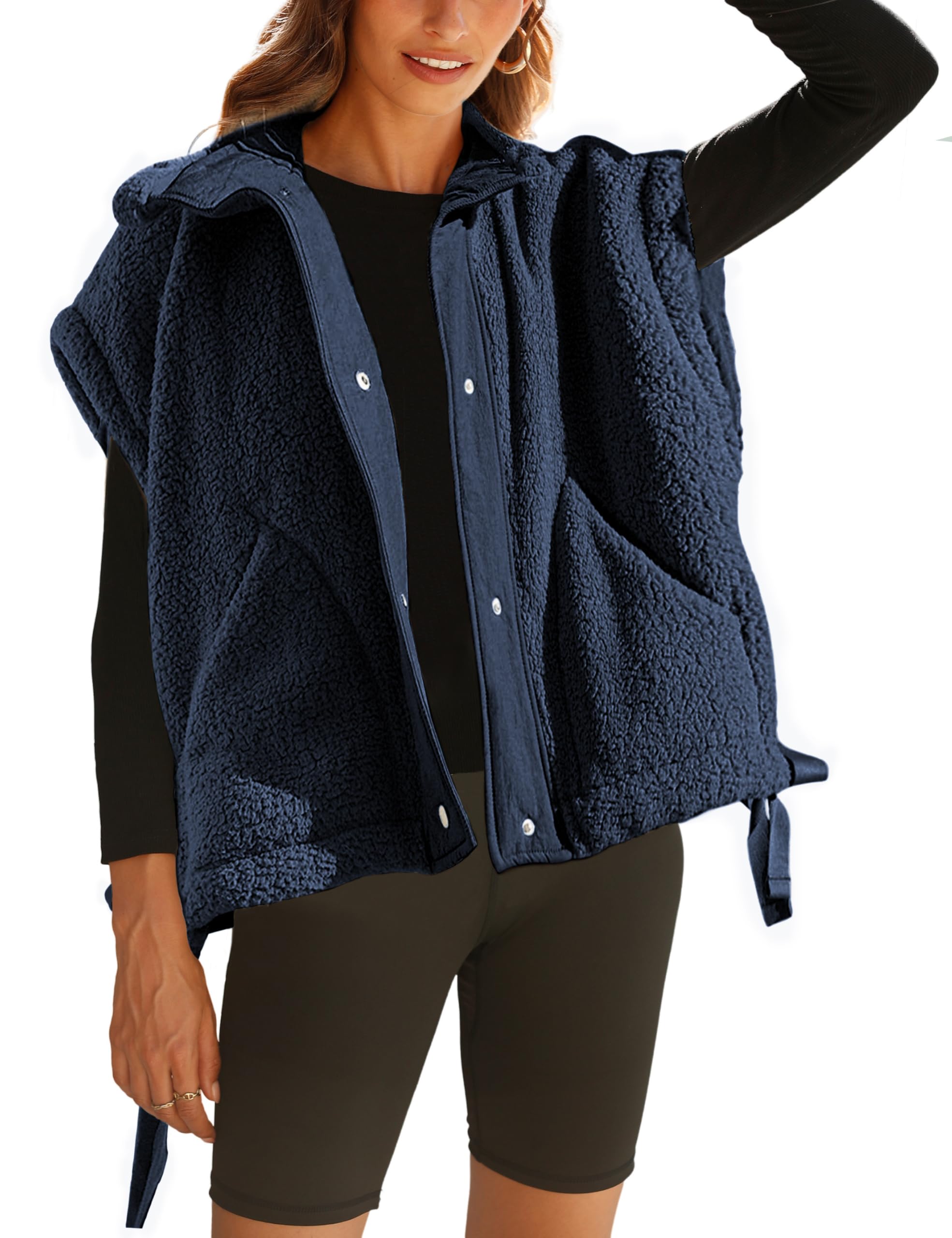 Sherpa Jacket for Women Casual Fleece Vest Oversized Sleeveless Outwear Warm Button Down Gilet with Pockets-picture-29