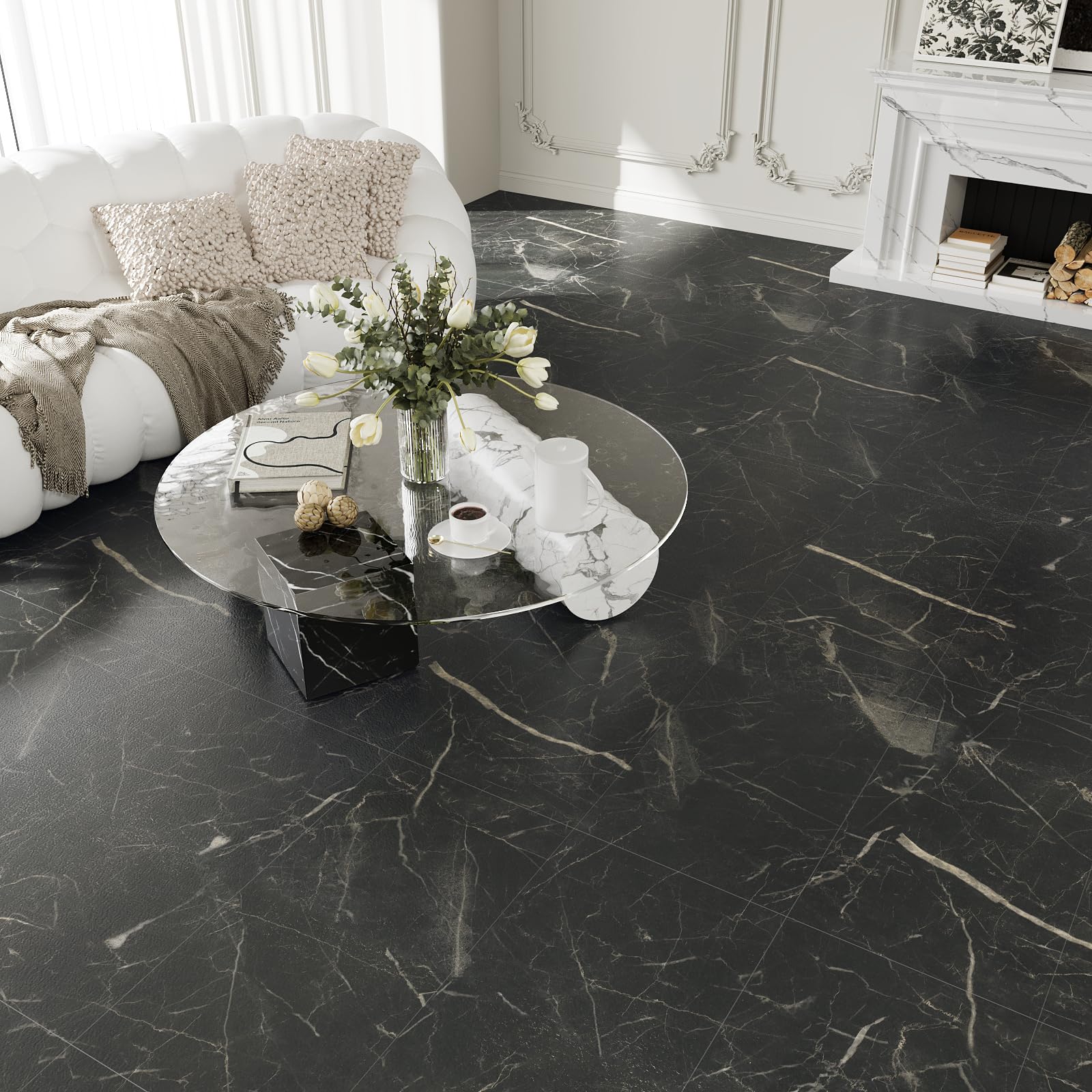 VEELIKE Piastrelle Adesive Cucina Marmo Nera Piastrelle Adesive Pavimento Bagno PVC Adesivo Pavimento Soggiorno Mattonelle Adesive Pavimento PVC Adesivo Effetto Marmo Spesso 1.5mm 60cm x 30cm 24 Pezzi