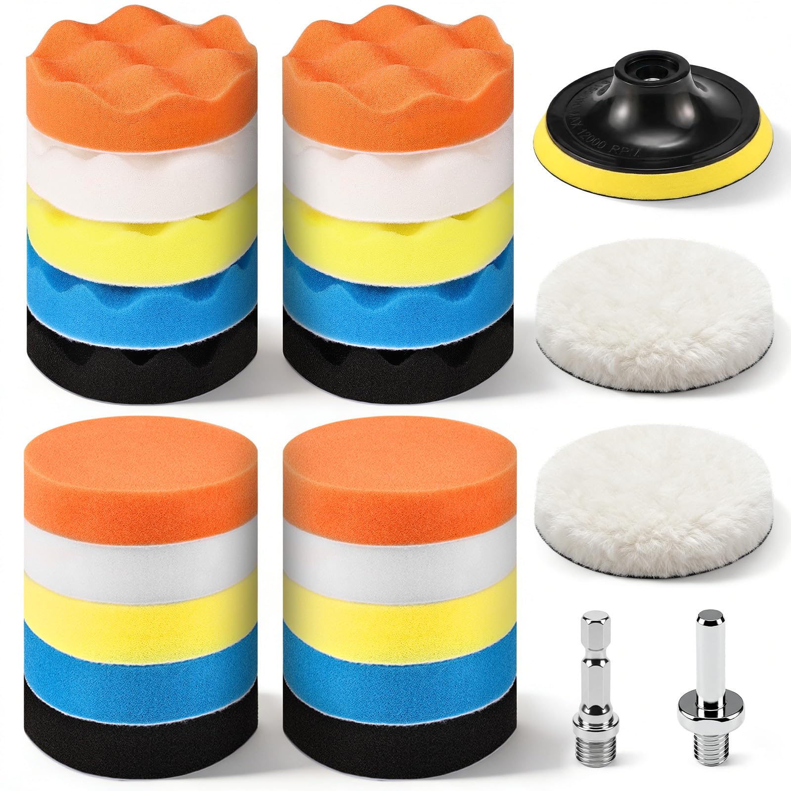 GOH DODD Kit de almohadillas de pulido para taladro de espuma para coche, 4 pulgadas, 24 piezas, almohadillas de lana, placa de respaldo, adaptador de taladro M10 para lavado, limpieza y encerado