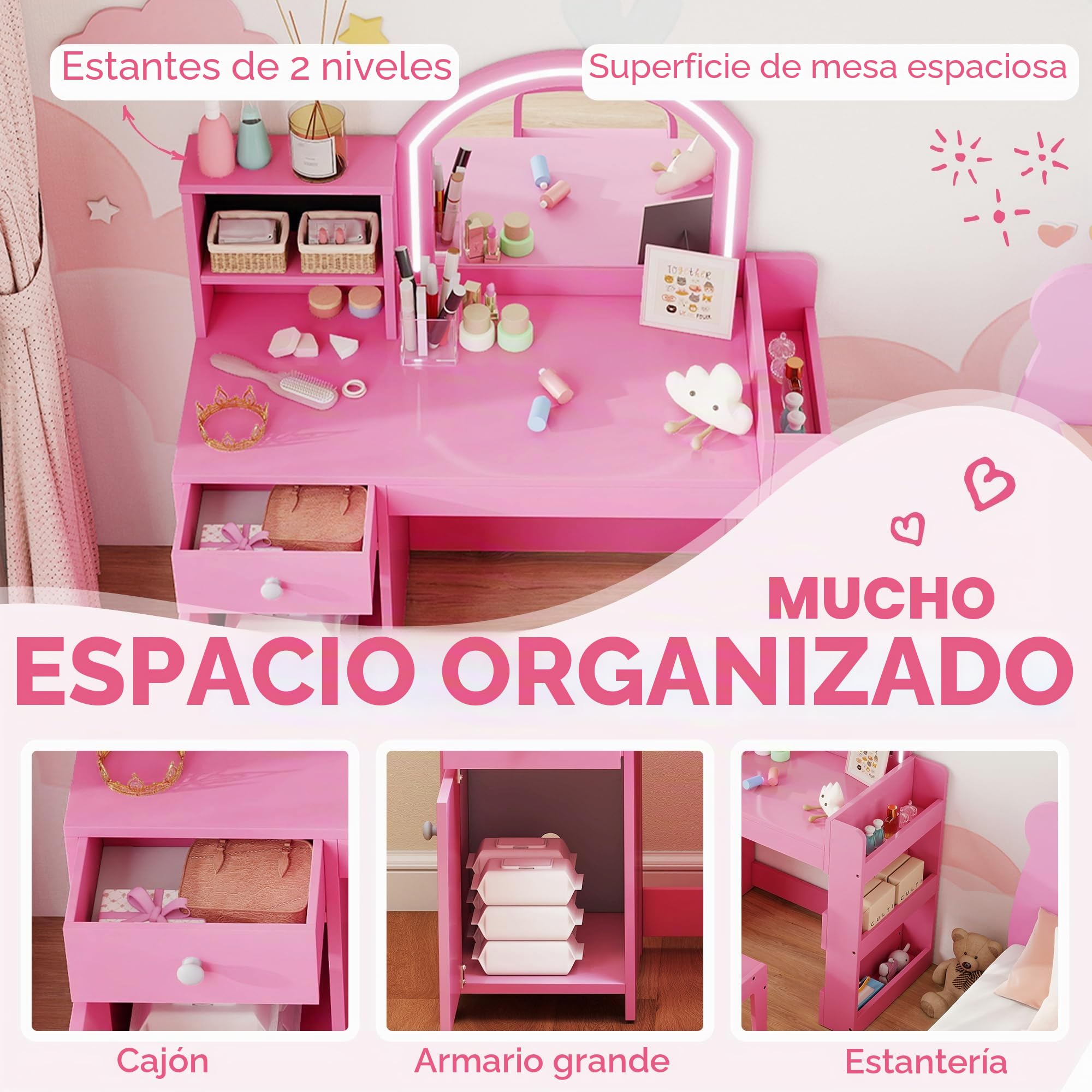 AIYAPLAY Tocador infantil con taburete y espejo LED, tocador de madera para niña con cajón, armario, 2 compartimentos abiertos y 3 estantes, mesa de maquillaje para niños de 3 a 8 años, rosa