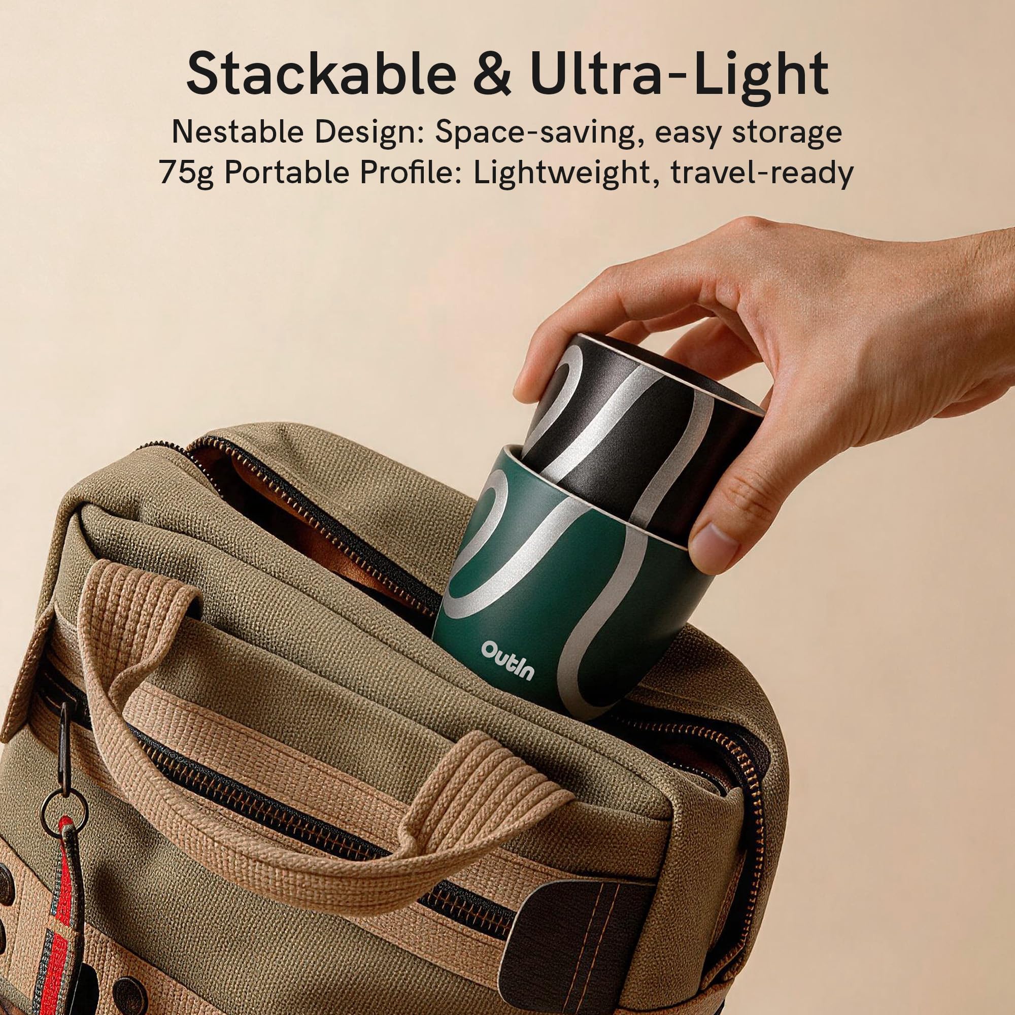 OutIn Juego de 2 Tazas para Espresso, Doble Pared Aislada 75ml de Acero Inoxidable, Vasitos para Shot Portátiles para Acampada, Compatibles con Máquinas de Café