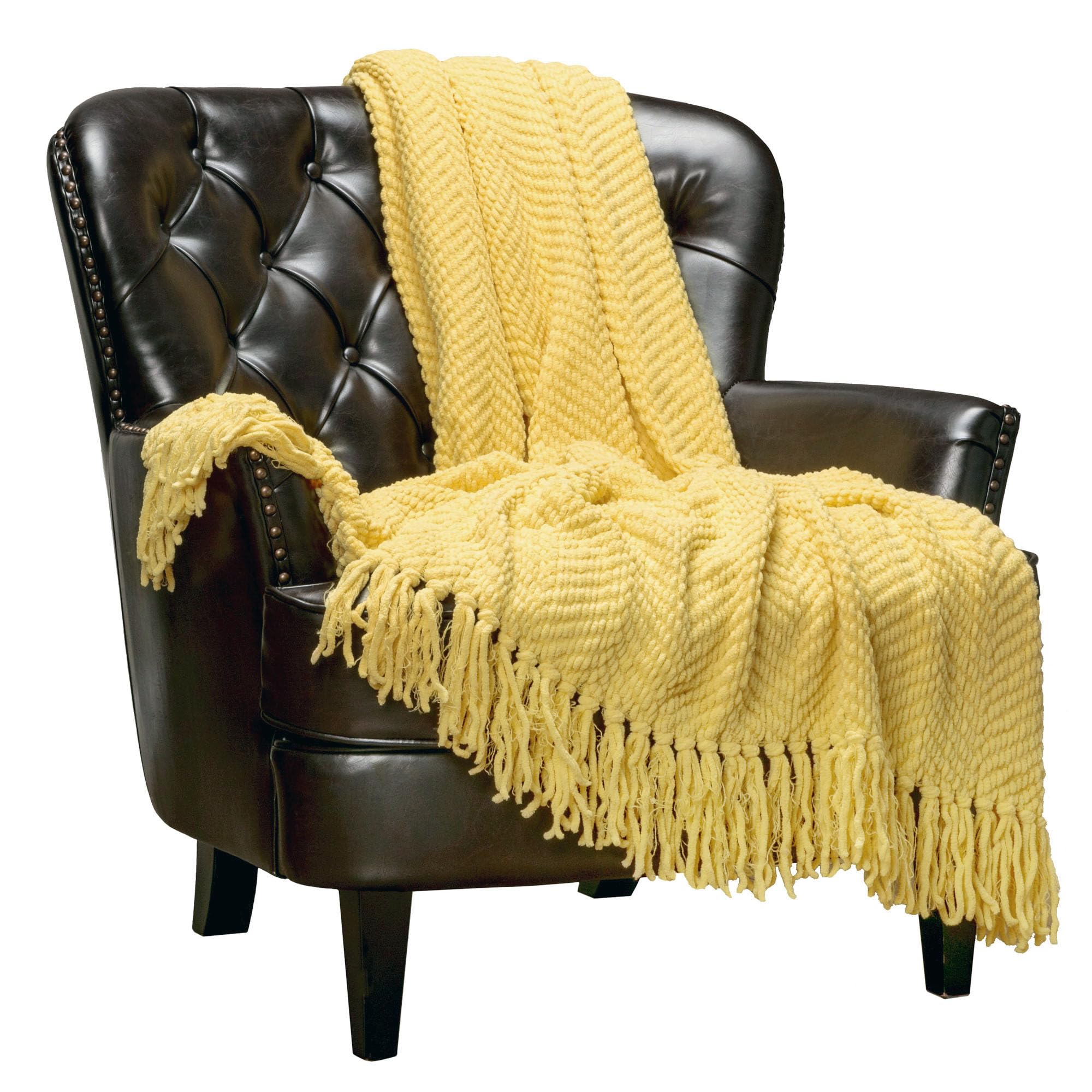 Chanasya Premium Textured Knit Throw Blanket with Tassels - Soft, Cozy Blanket for Couch, Bed, Living Room - 50" x 65” - Yellow