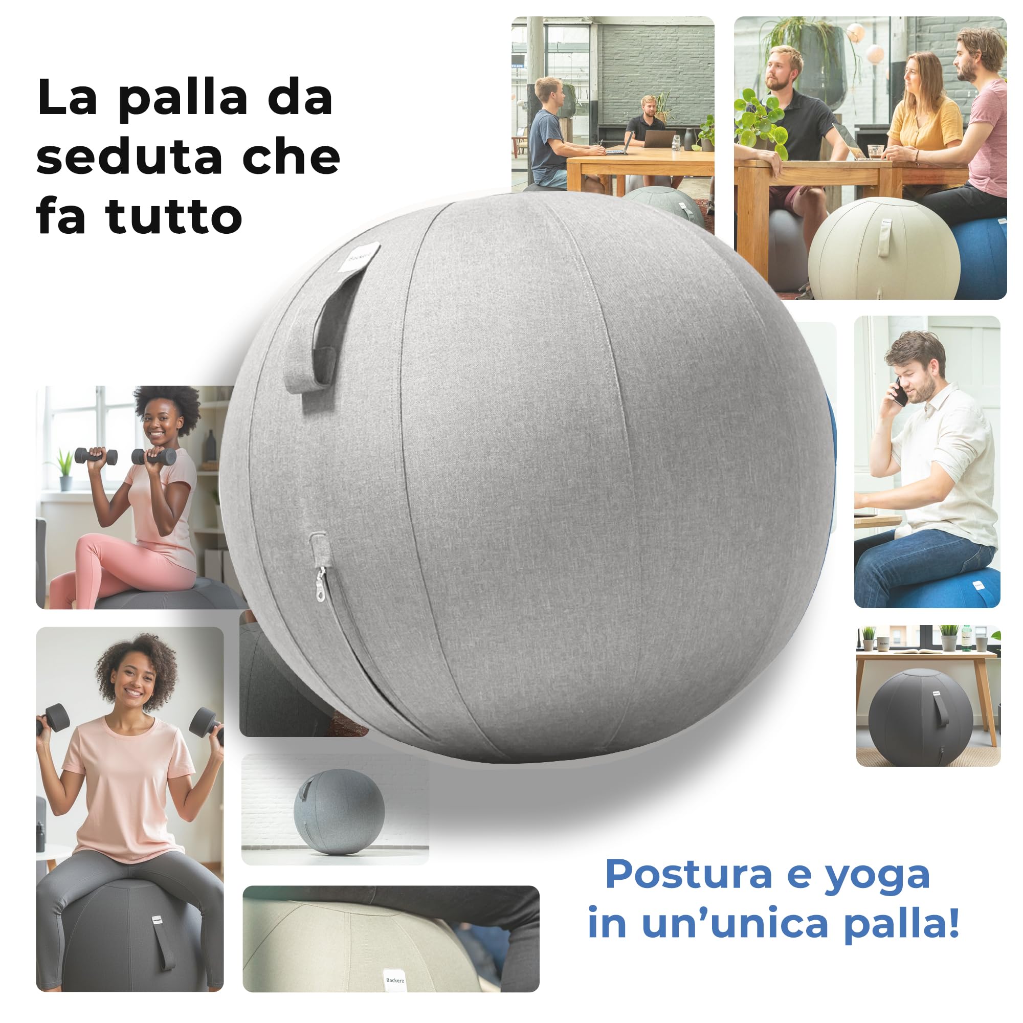 Backerz Seggiolino Palloncino 75 cm – Sfera interna in PVC resistente, fodera in lino morbido lavabile – Sedia a palloncino ergonomica Ufficio & Yoga, per buona postura – Grigio chiaro