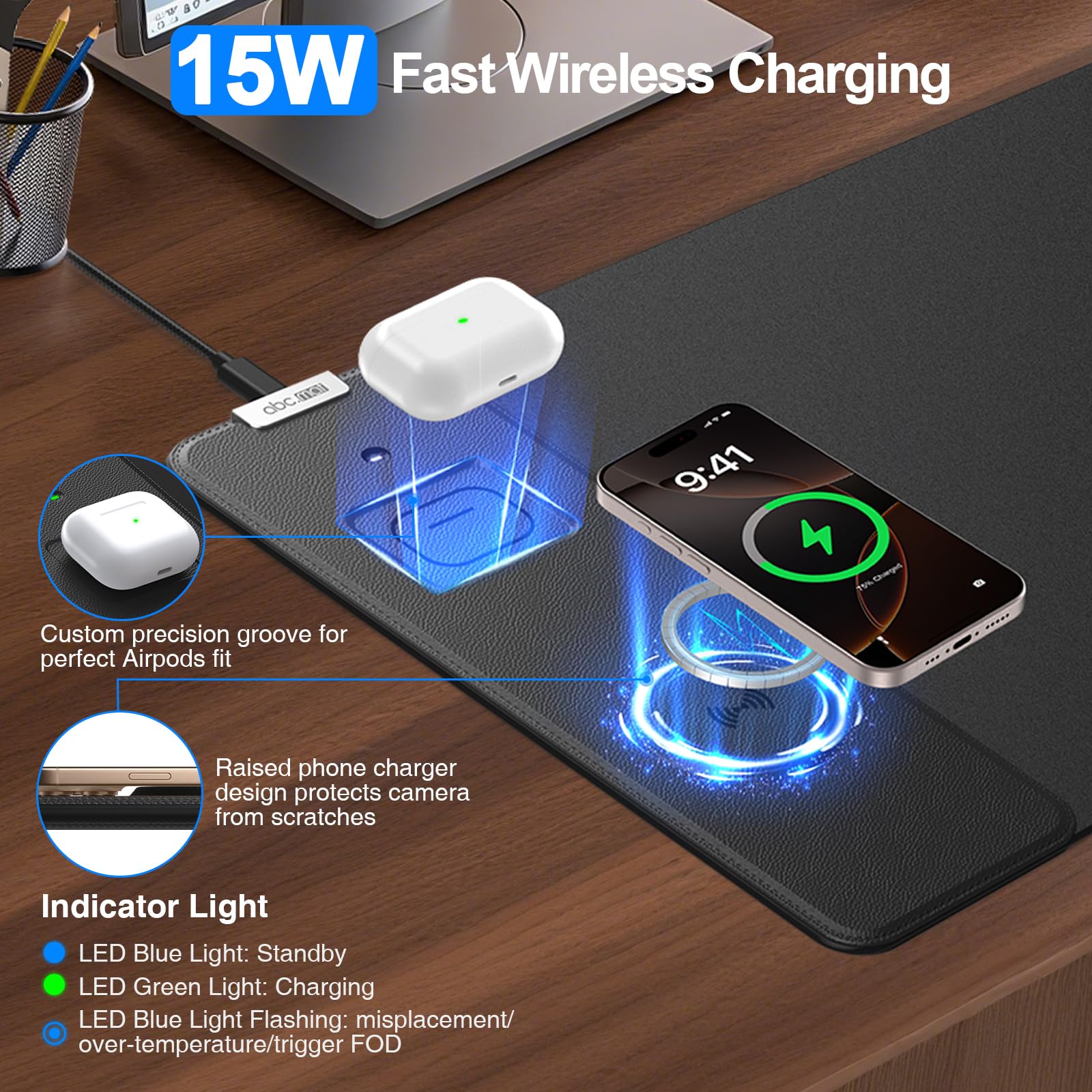 Tappetino per mouse magnetico con ricarica wireless, 69,8 x 30 cm, con bordi cuciti superiori, base antiscivolo, impermeabile, liscio, per gamer, ufficio e casa, nero