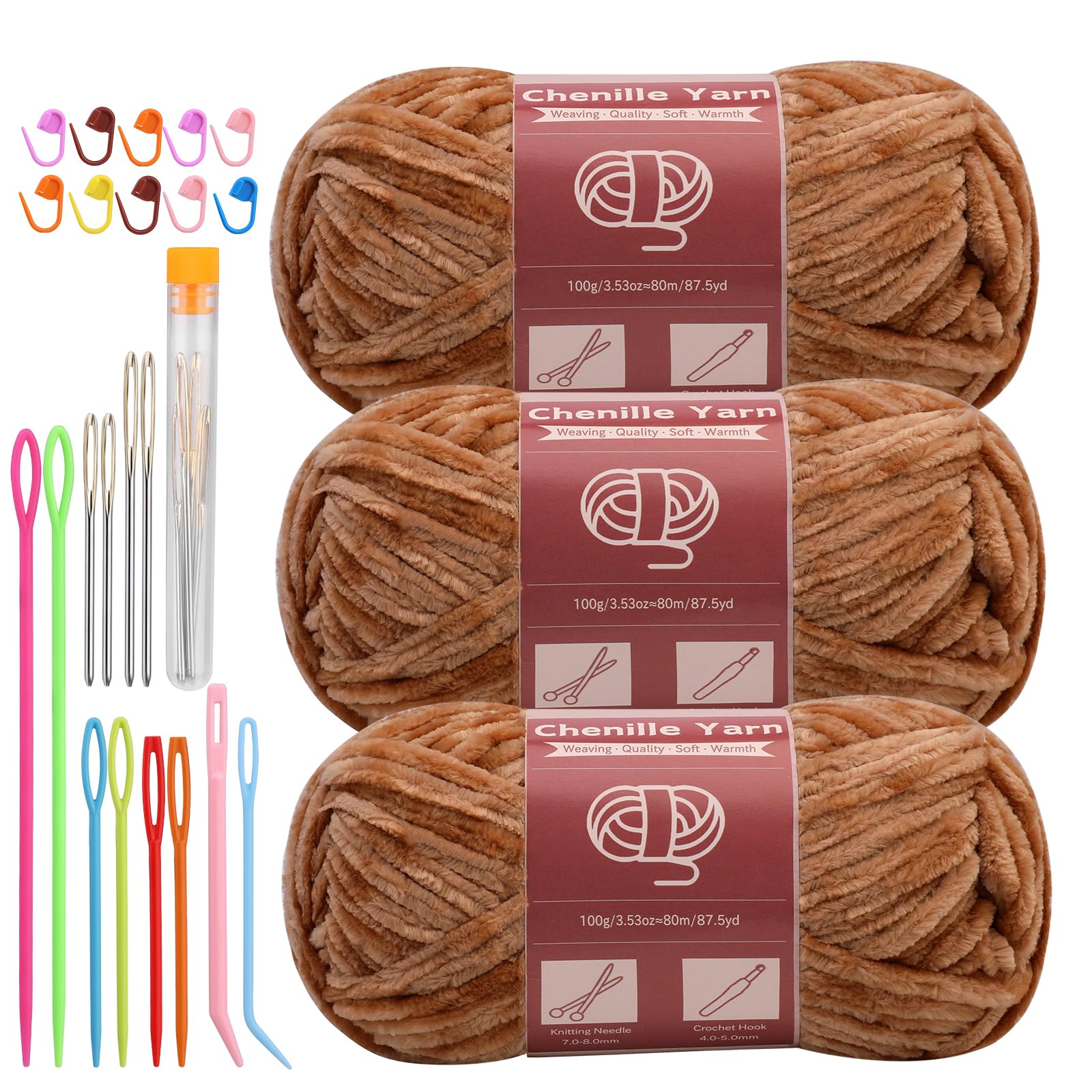 LUNARM Chenille Yarn 3 Pack 3.5oz Chunky Blanket Velvet Yarn 263 Yard | Light Khaki Chunky Chenille Yarn for Beginners Crocheting Hand Knitting Scarves with Big Eye Needles Machine Washable