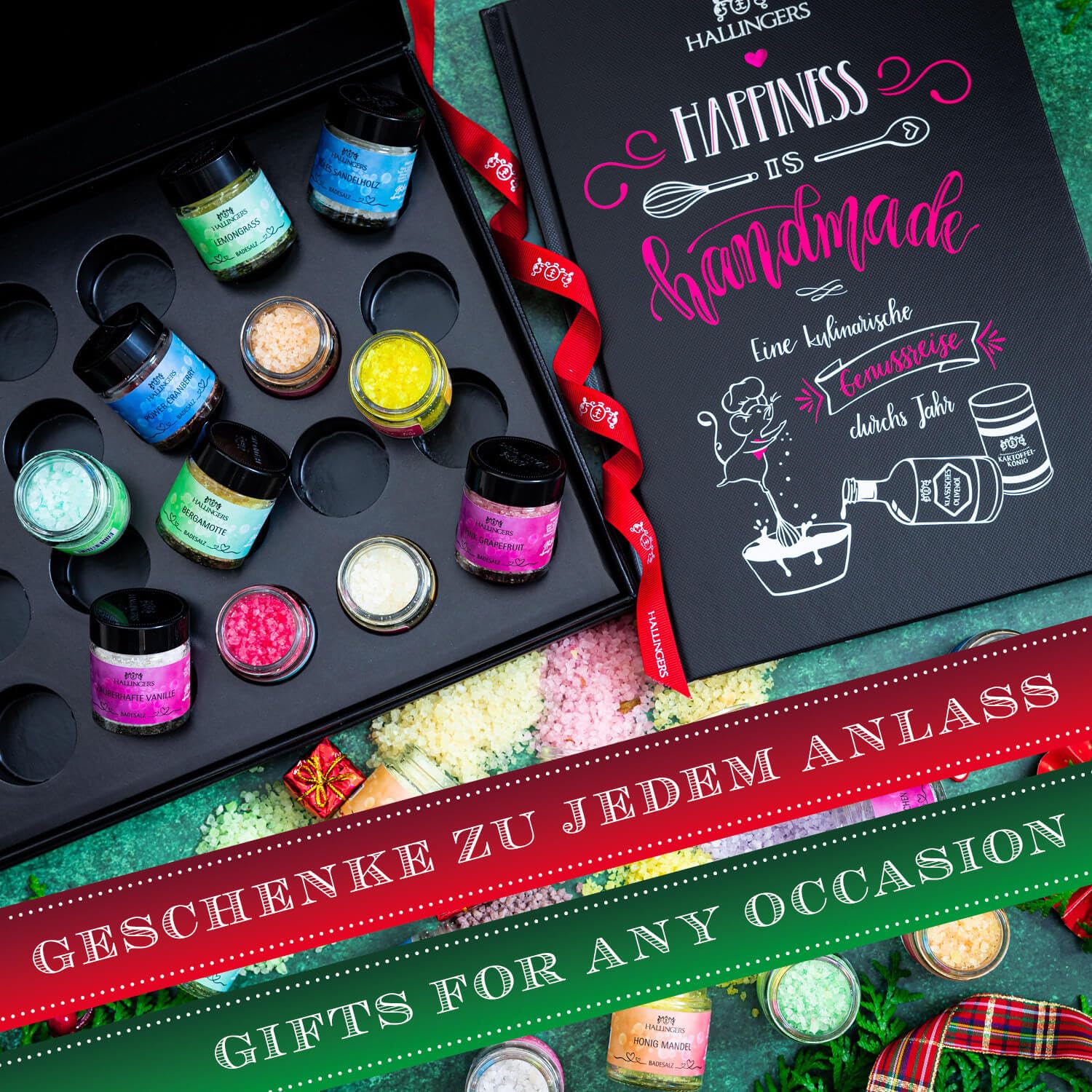 Hallingers Genuss Manufaktur Badesalze Weihnachts-Geschenk-Set - 24x Badezusatz mit Totes Meer Badesalz edle Geschenkbox, Badekristalle Fußbad & Spa "Frohe Weihnacht...", Weihnachten für Frauen Männer