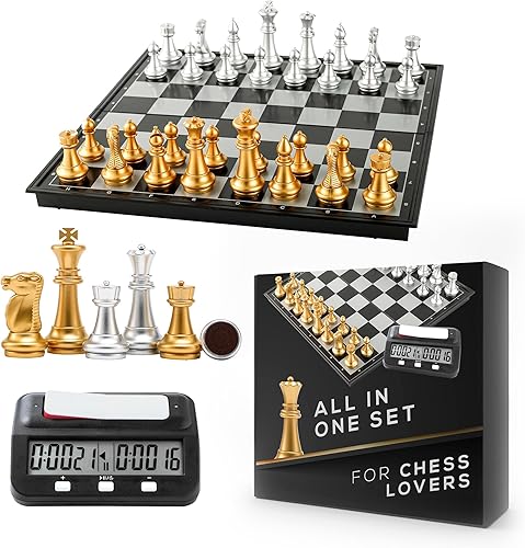 Miniatura 7 de Juego de mesa de ajedrez magnético y reloj de ajedrez digital, profesional y portátil, tablero de ajedrez de 14 x 14 pulgadas, ajedrez de viaje,