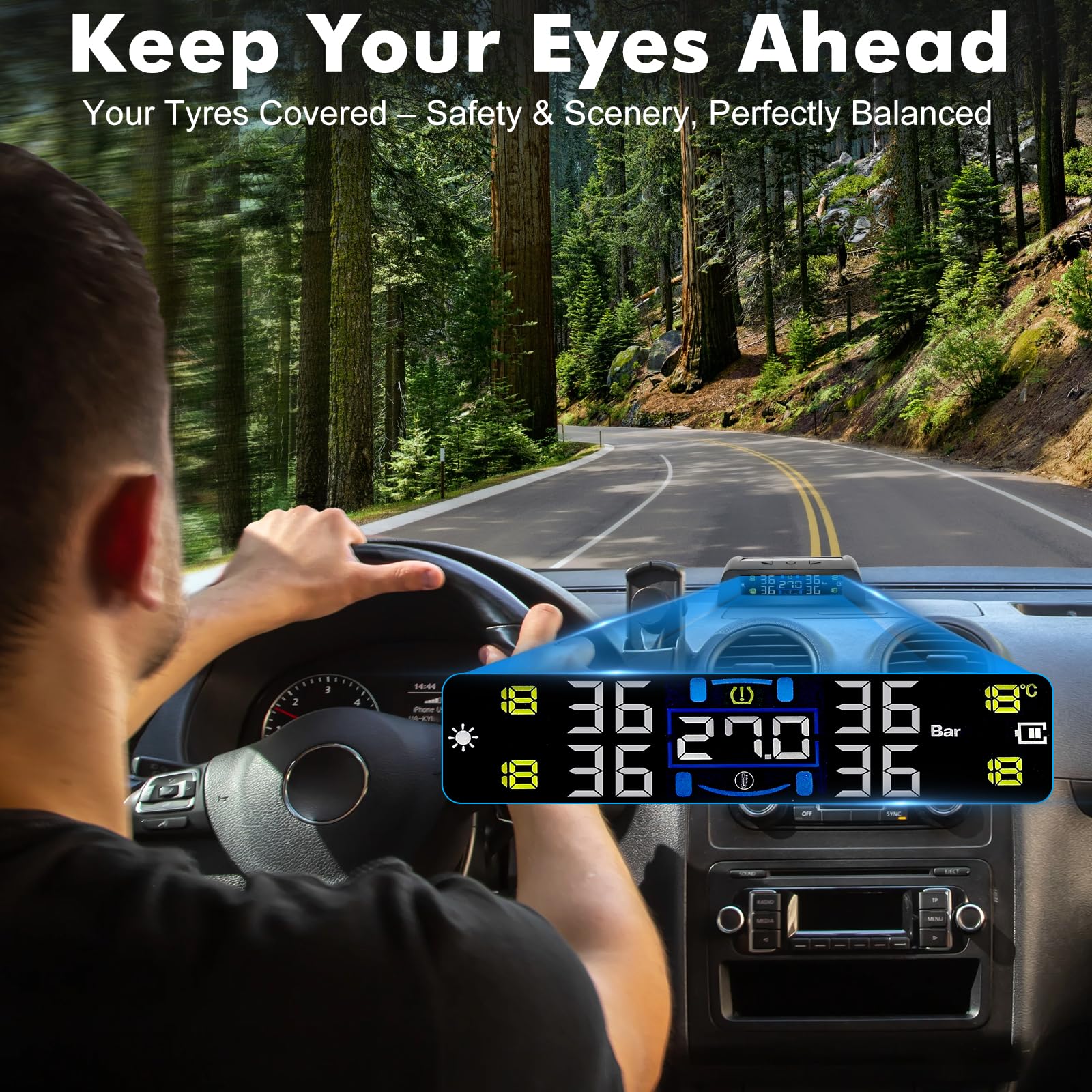 TPMS Système de Surveillance de la Pression des Pneusà,Charge Solaire/USB, Alertes Habitacle & Température, Auto on/Off,Compatible Camping-Car, Berline, SUV, MPV (72 psi)