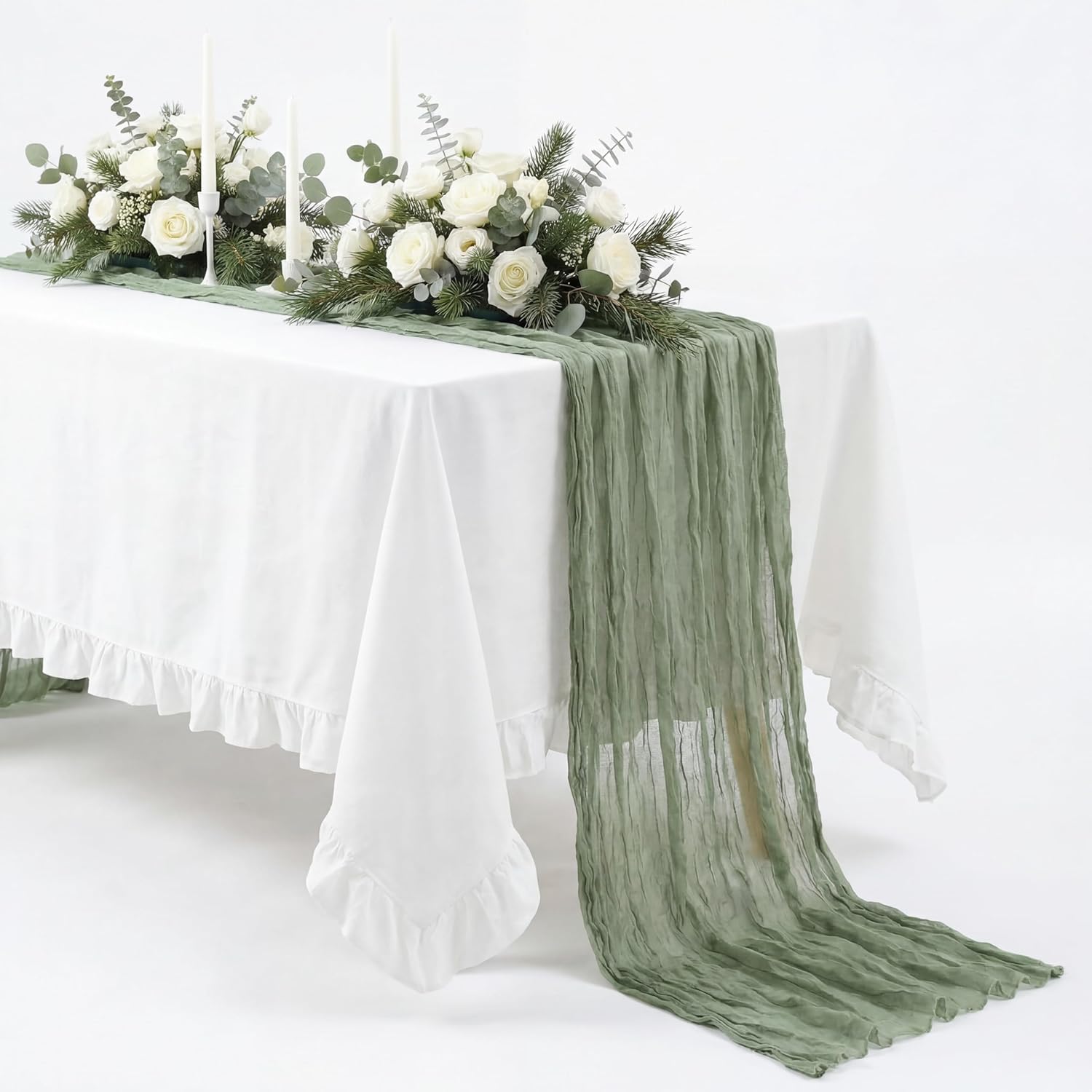 Moukeren Farmhouse Tablecloth and Runner Set 55"x70" Ruffle Cotton Tablecover with 10ft Sage Green Cheesecloth Runner for Rectangle Table Vintage Cottagecore Decor for Wedding Baby Shower Spring Party