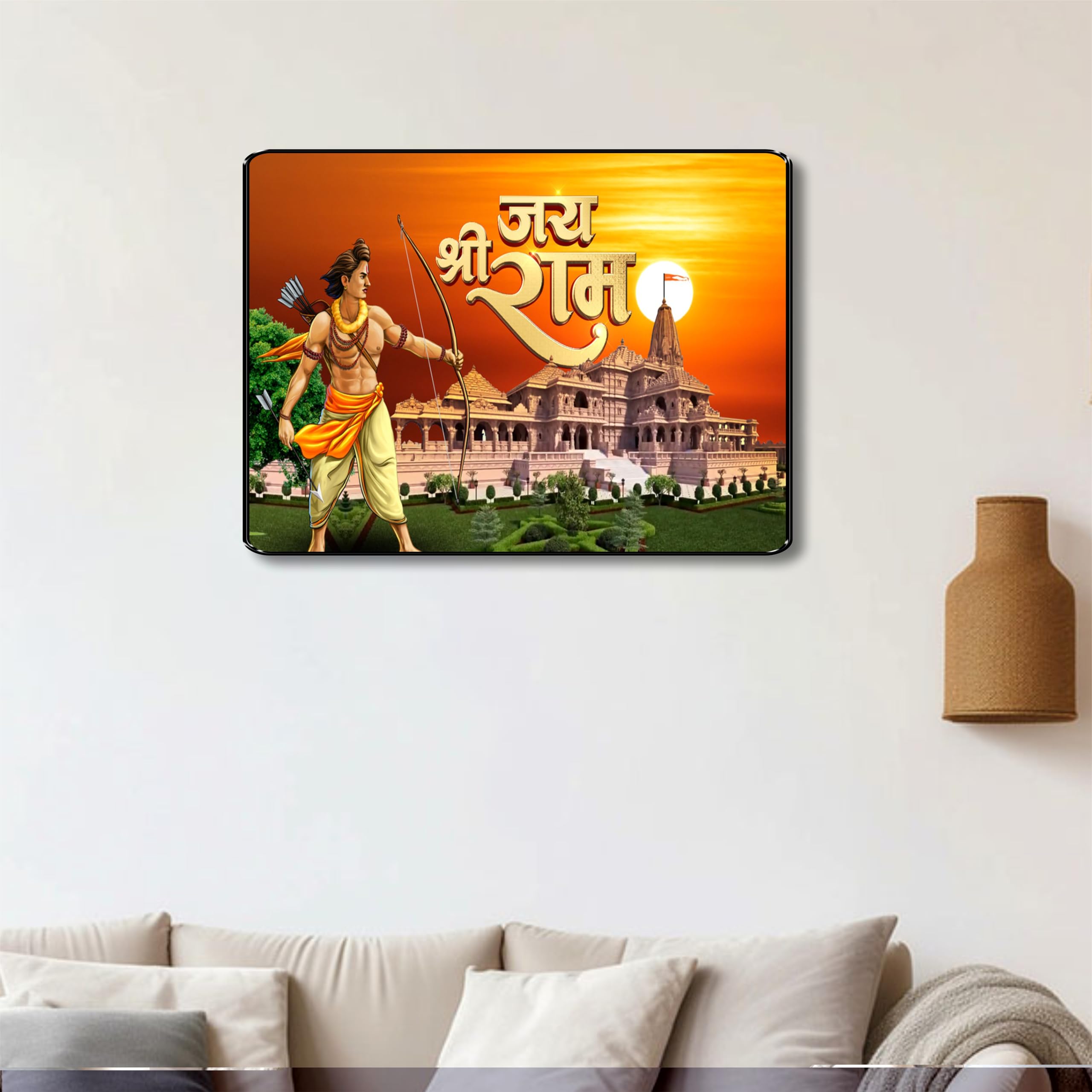 Livin'luxe Jai Shri Ram Art Print MDF Board | Lord Ram with Ayodhya Ram Mandir Religious Hindu Art Print for Home Pooja Room Office Temple Spiritual Decor (14 x 11 Inch) Art-K-35404