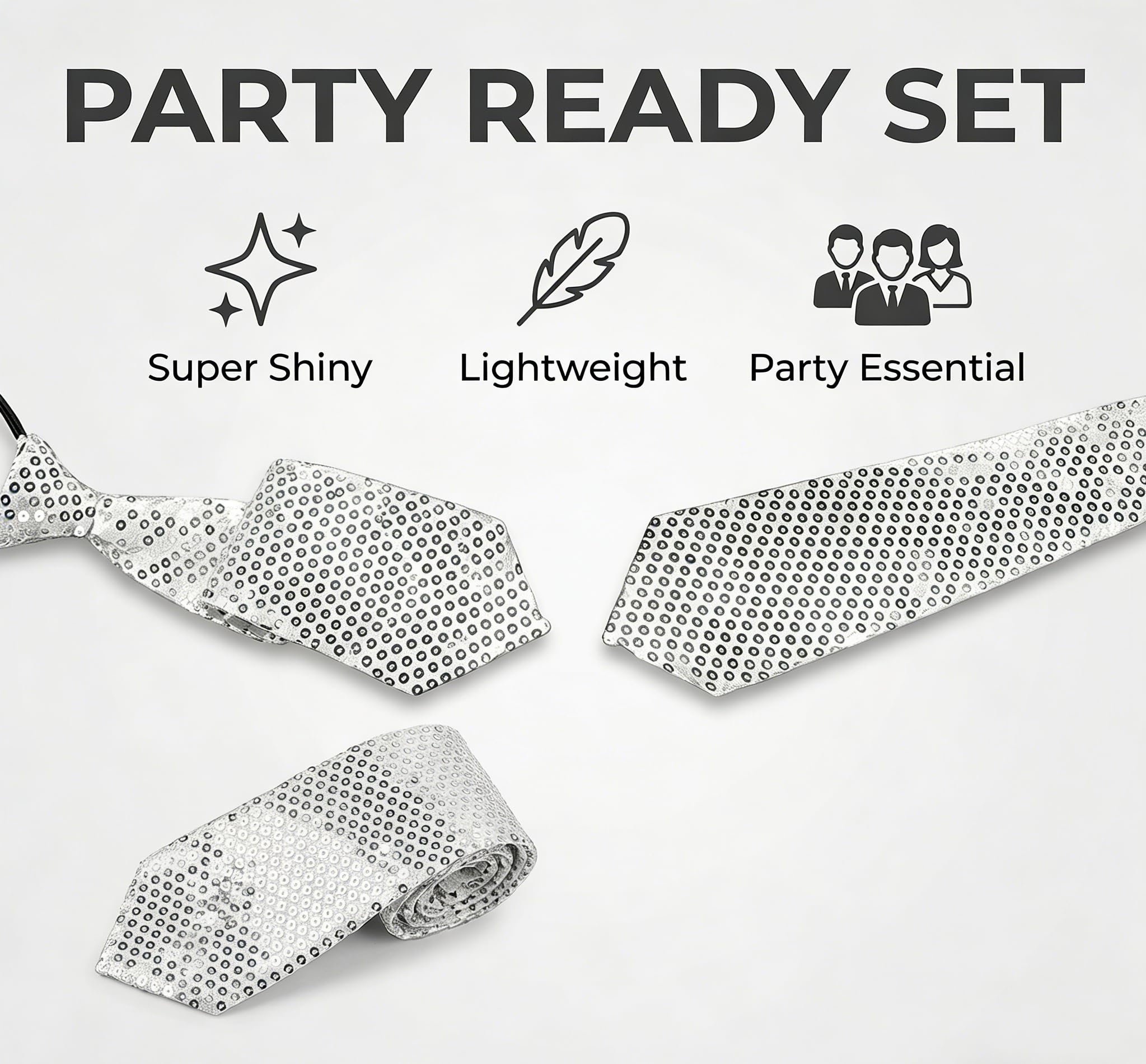 Juego de 4 corbatas de lentejuelas con purpurina preatada, negro y gris, accesorios de disfraz para carnaval, fiesta