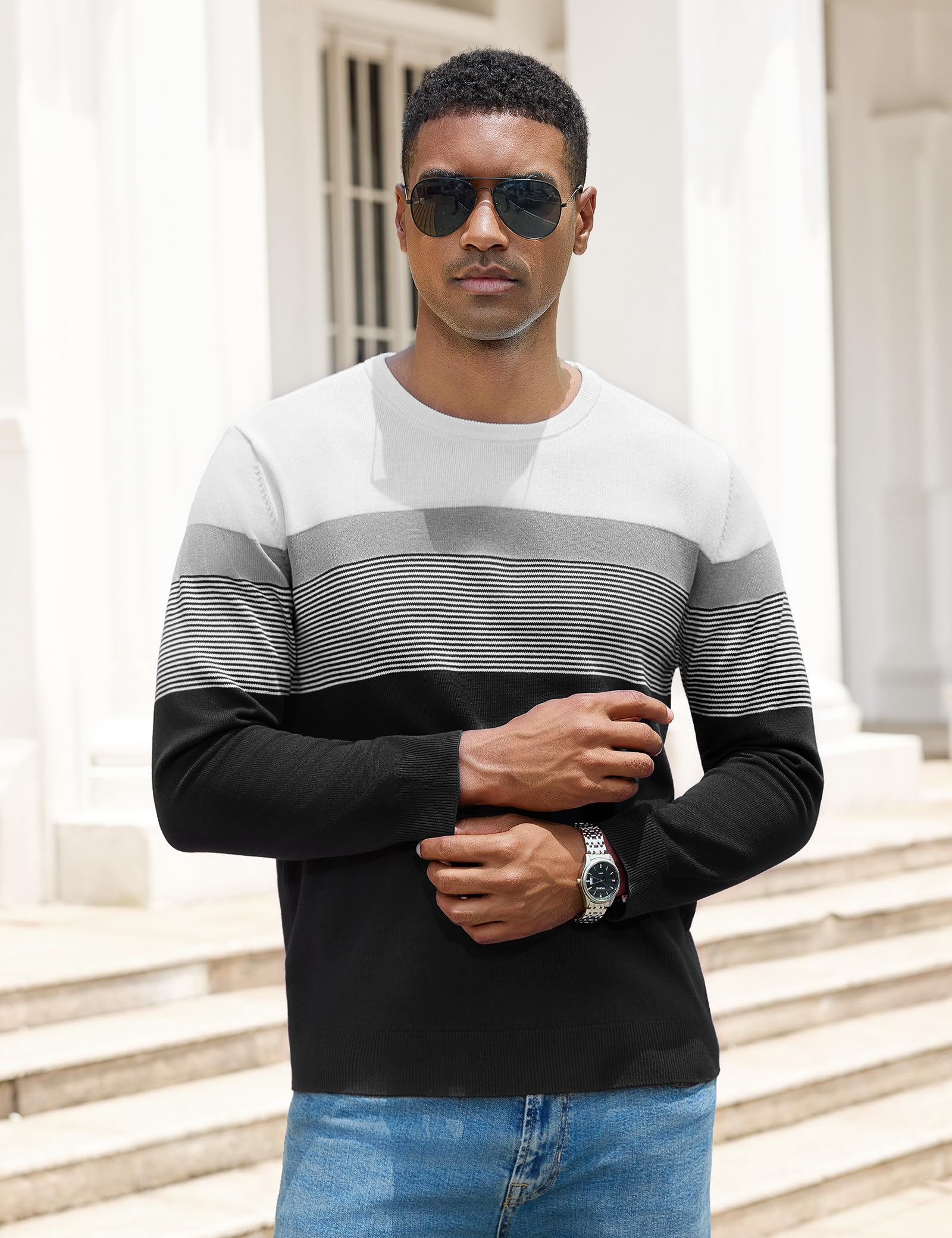 iClosam Pull Col Rond Homme rayé Pulls à Manches Longues tricoté Pullover Fin pour Hommes