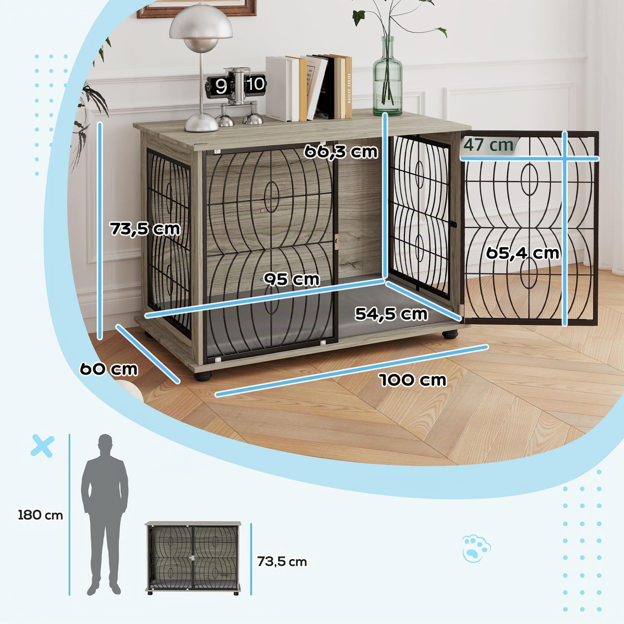 PawHut Hundekäfig Möbel 100cm Hundebox für Zuhause 100 x 60 x 73,5 cm Grau | Moderne Hundehütte, mit Kissen, Fenster, Abschließbar Hundehaus, für Große Hunde bis zu 30kg