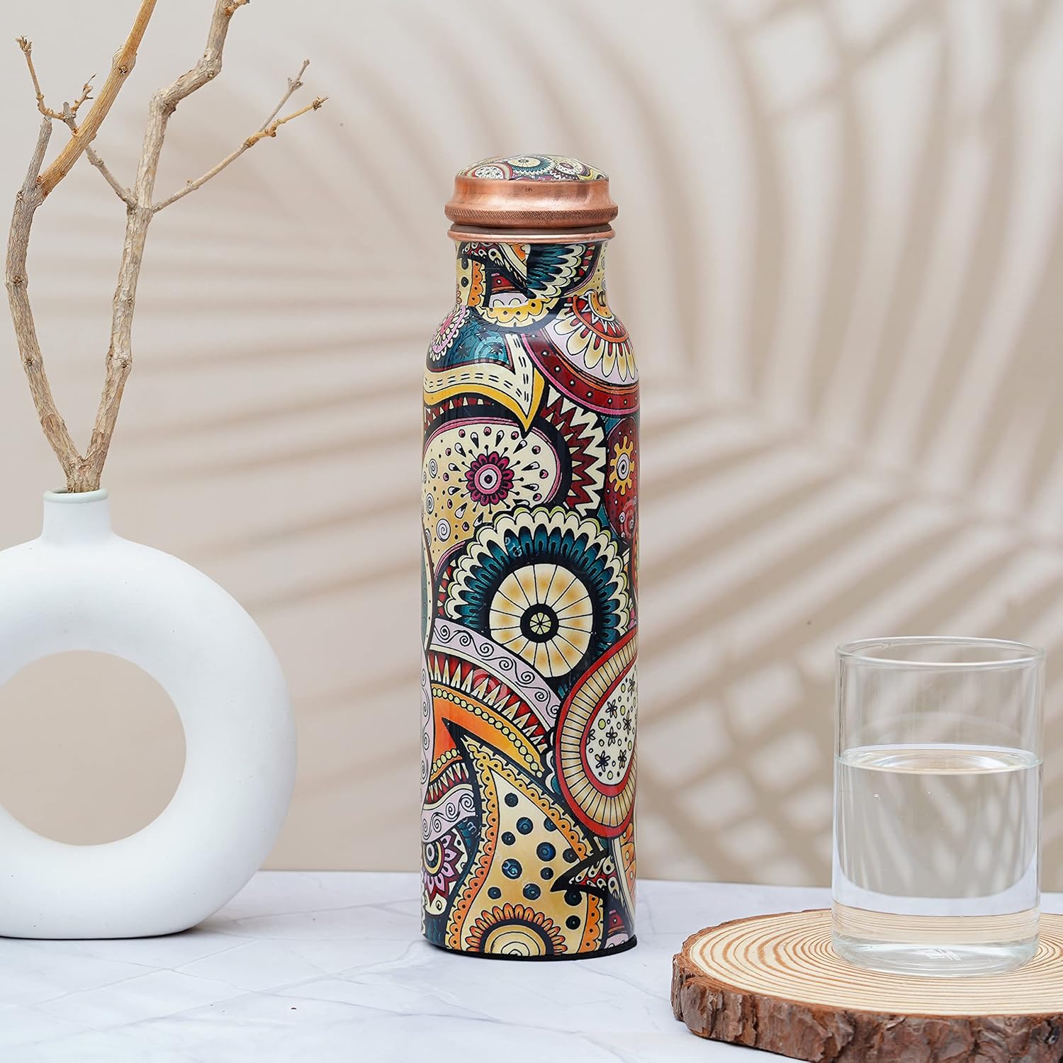 Craft Trade Printed Pure Copper Bottle with Lid and Carry Bag for Drinking Water BPA Free Leak Proof Boosts Immunity